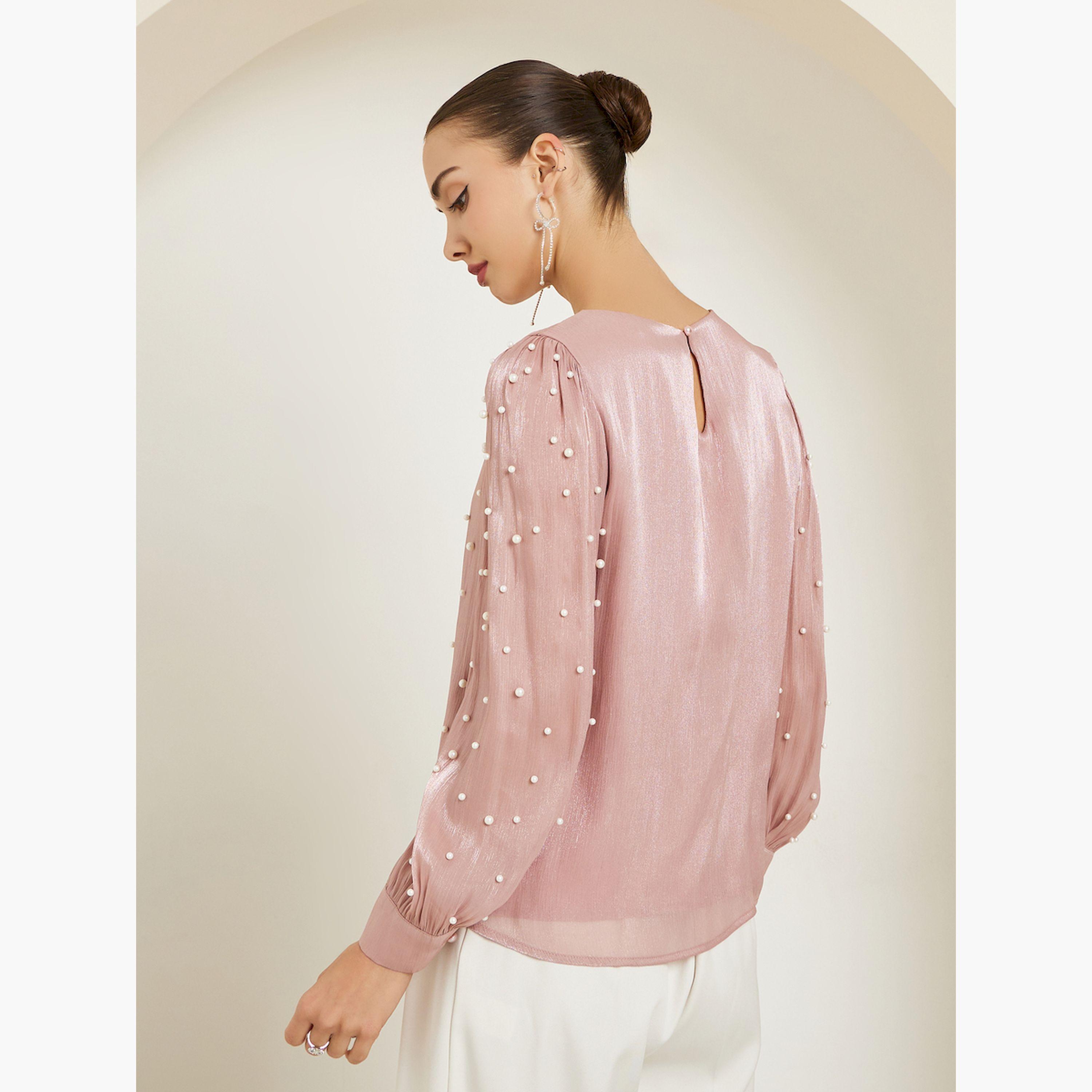 Styli Pink Pearl Embellished Long Sleeve Blouse-women-clothing-shirtsandblouses-blouses-image-4