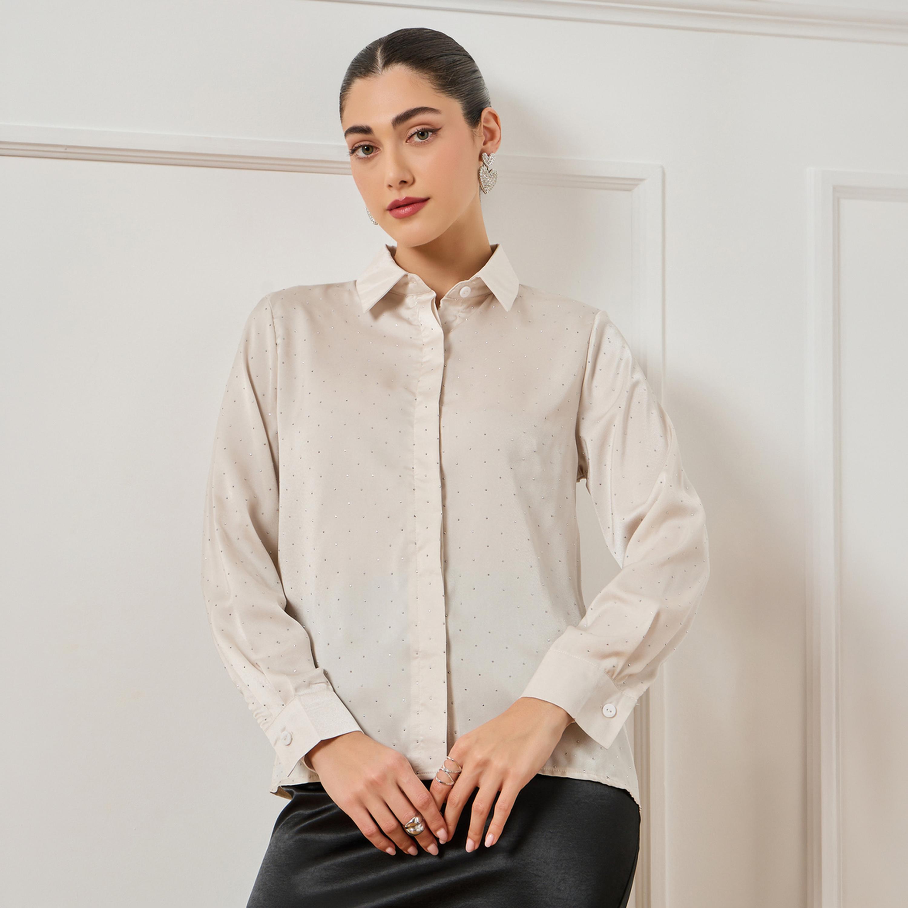 Styli Women Off-White Embellished Satin Shirt-women-clothing-shirtsandblouses-shirts-image-1