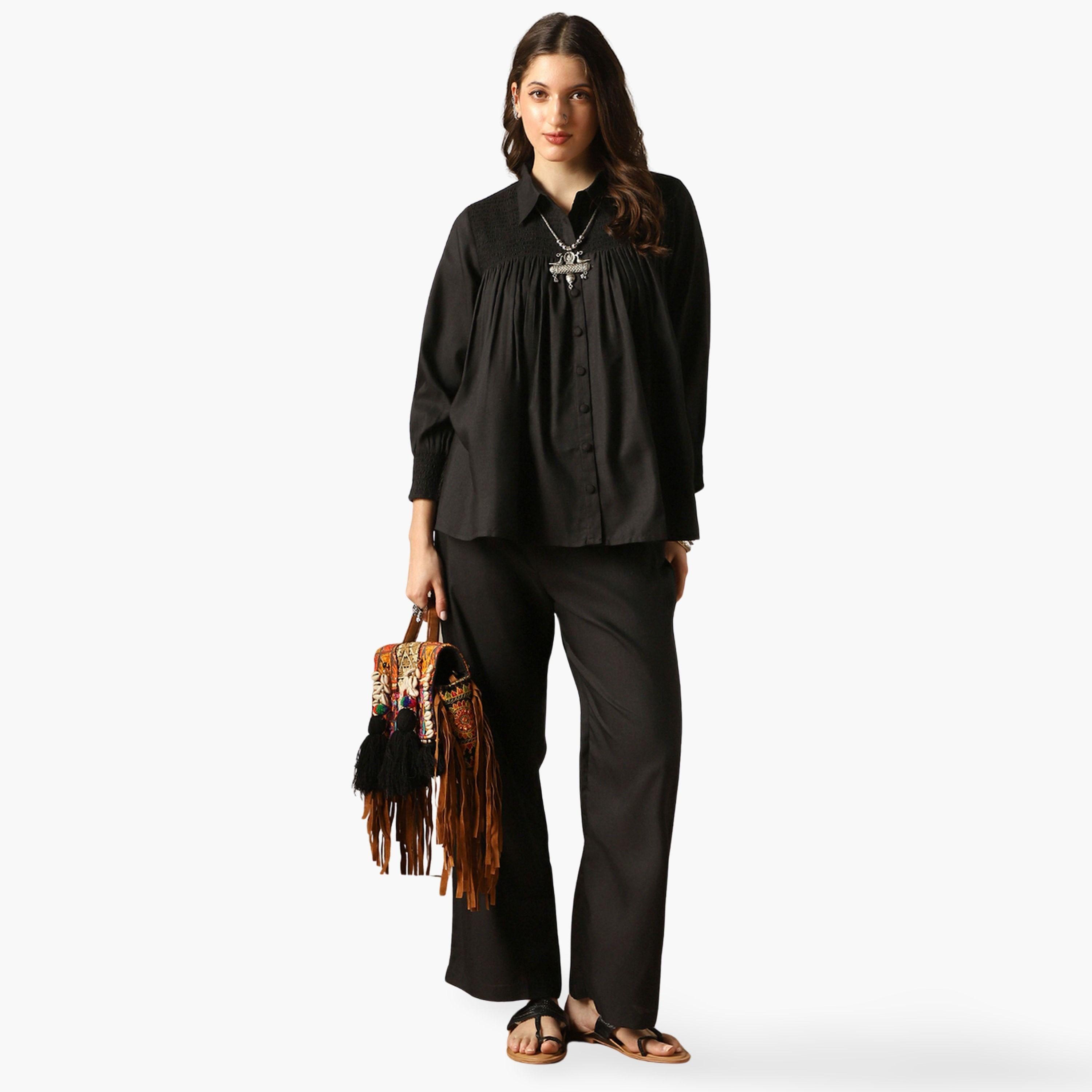 Globus X Styli Black Solid Shirt and Trousers Co-Ords-women-clothing-coordsets-image-1