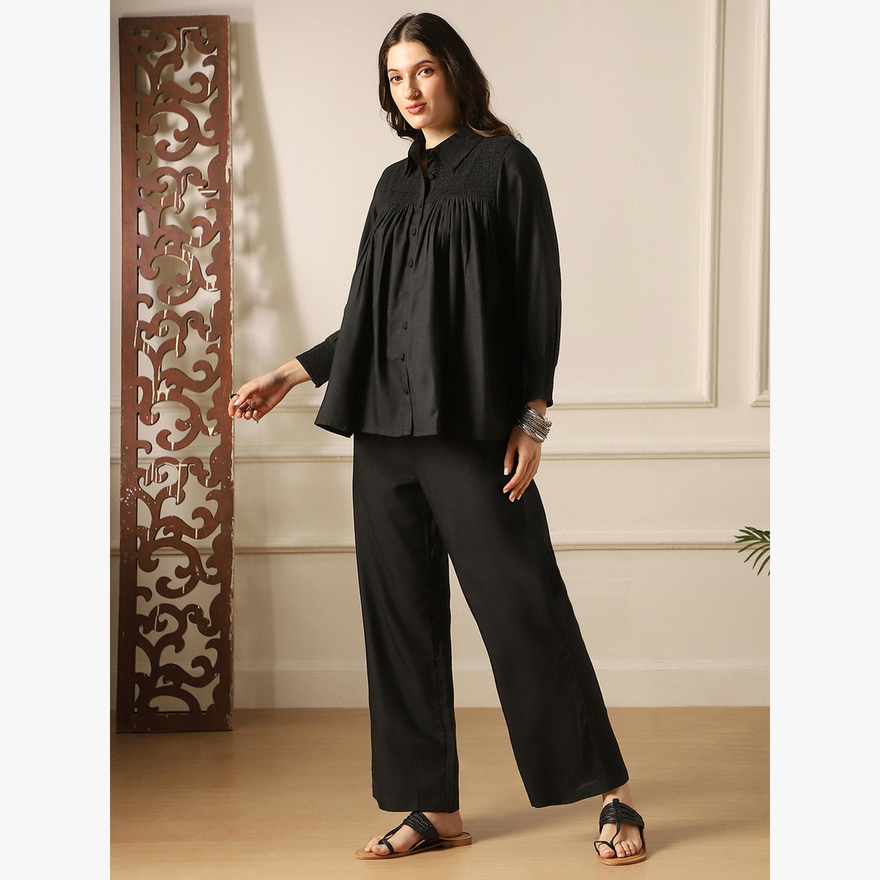 Globus X Styli Black Solid Shirt and Trousers Co-Ords-women-clothing-coordsets-image-2