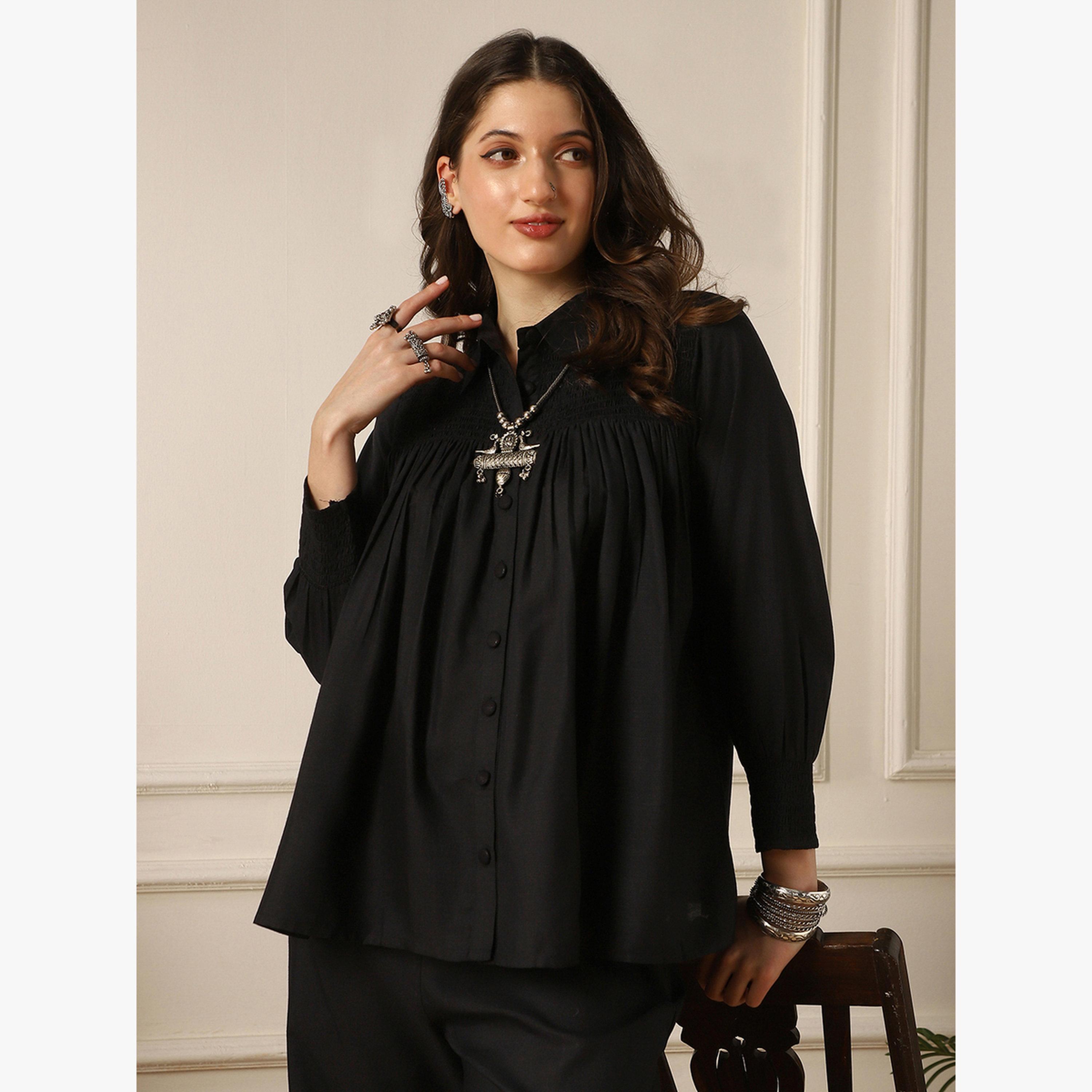 Globus X Styli Black Solid Shirt and Trousers Co-Ords-women-clothing-coordsets-image-6