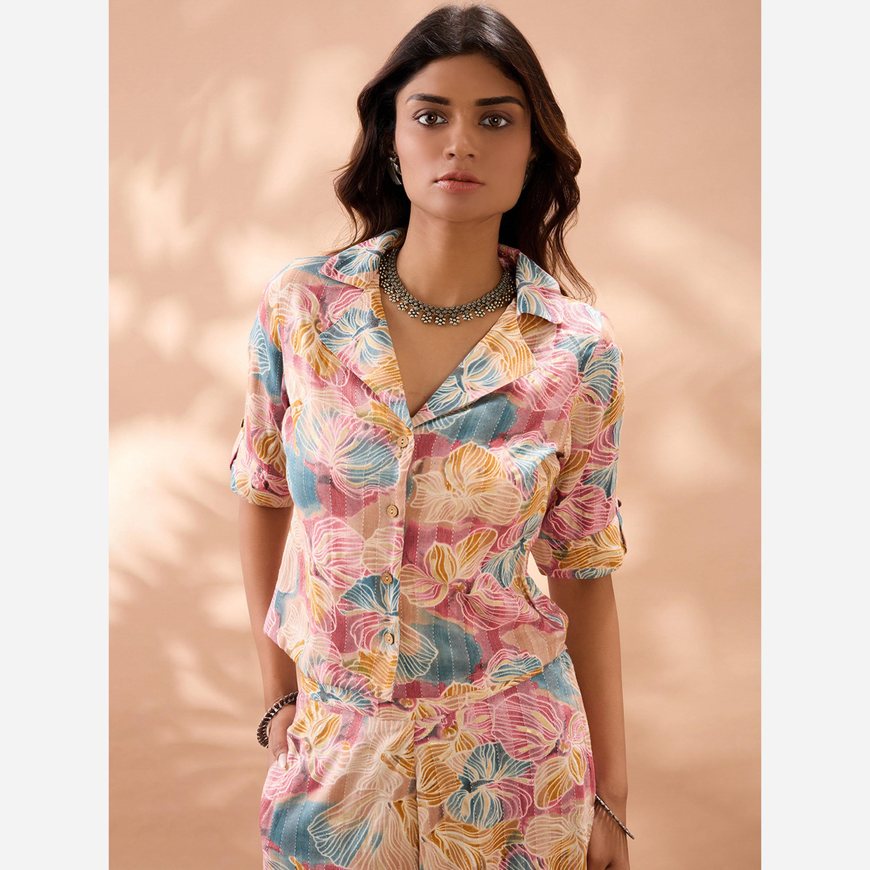 غلوبوص × ستايلي - طقم قميص وبنطال طبعة أزهار متعددة ياقة مدببة-women-clothing-coordsets-image-4