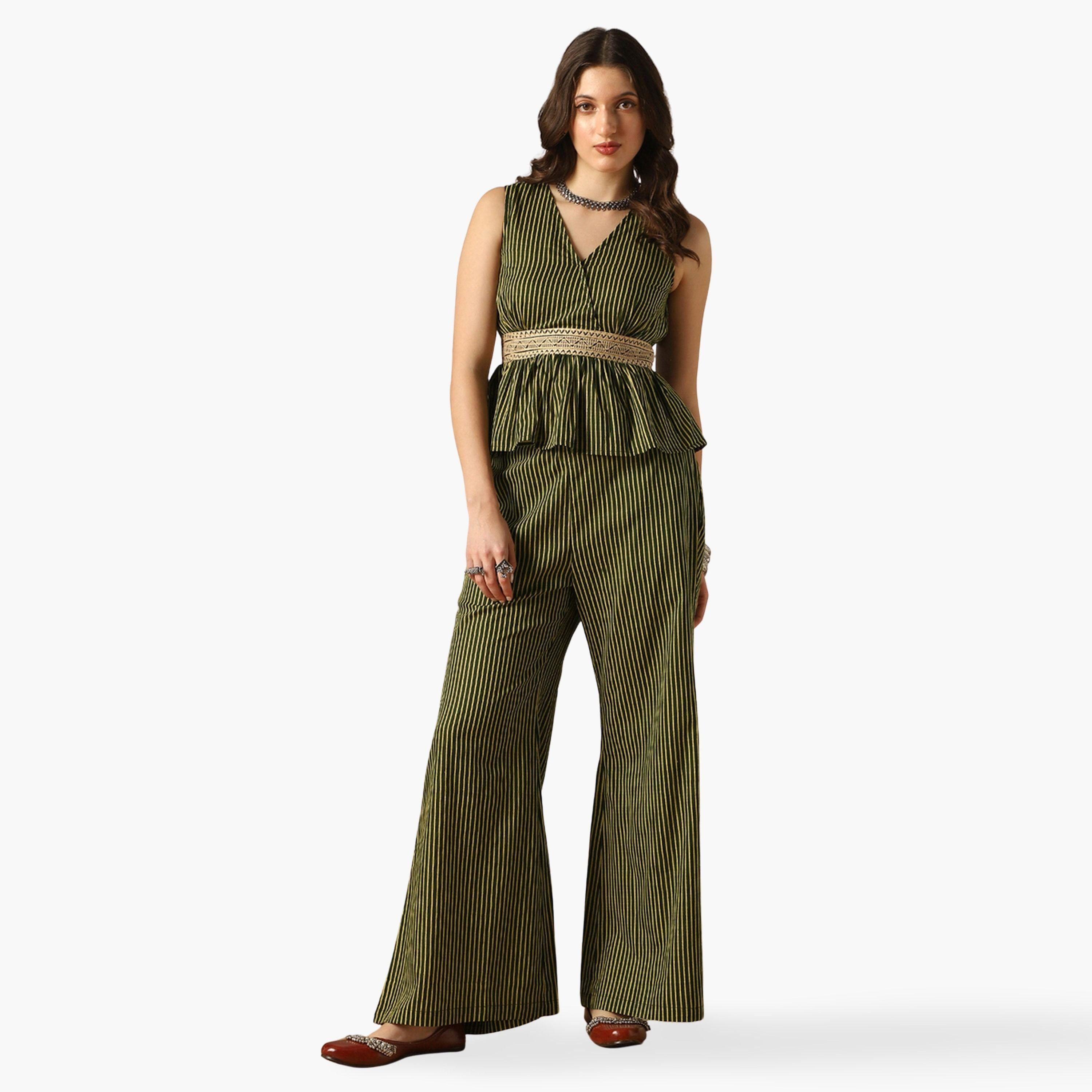 Globus X Styli Striped Embroidered Peplum Top and Bell Bottom Pants Fusion Co-Ords-women-clothing-coordsets-image-1