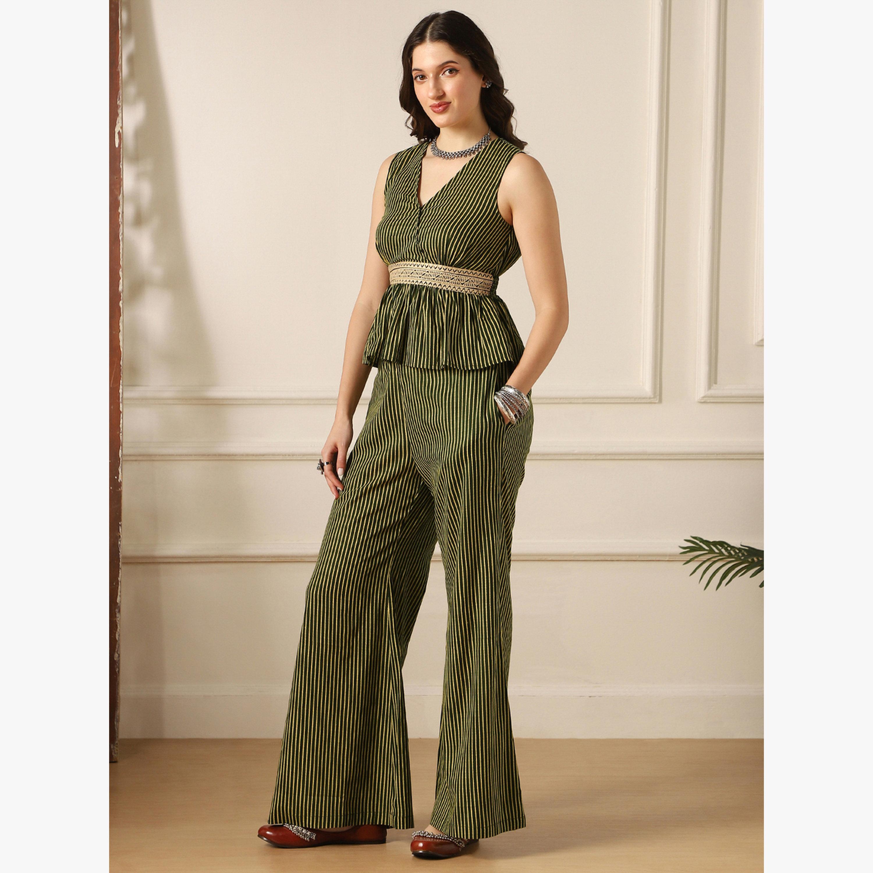Globus X Styli Striped Embroidered Peplum Top and Bell Bottom Pants Fusion Co-Ords-women-clothing-coordsets-image-2