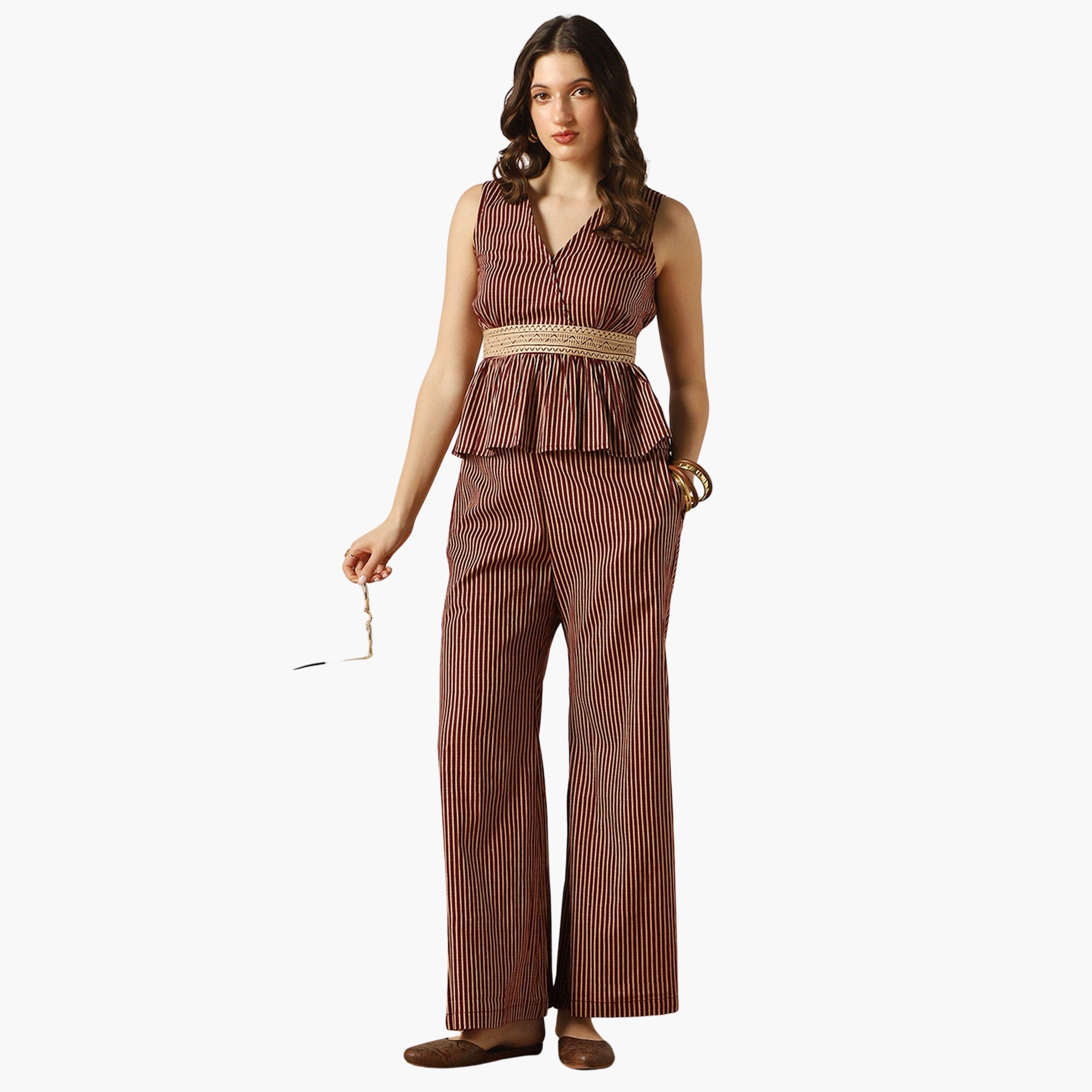 غلوبوص × ستايلي - طقم بلوزة مخططة مطرزة وبنطال واسع من الأسفل-women-clothing-coordsets-image-1