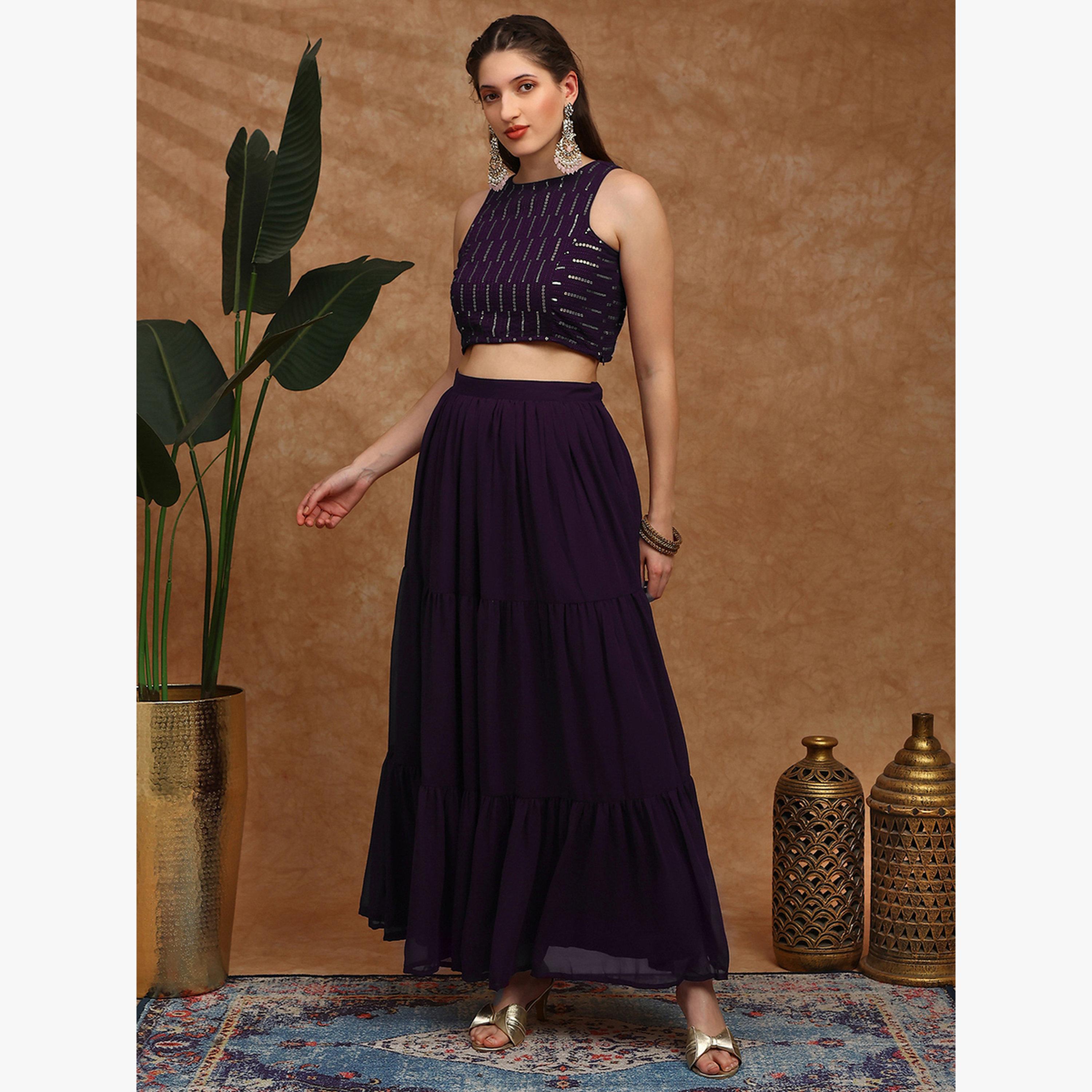 طقم منسق من بلوزة قصيرة من الجورجيت بالترتر وتنورة بطبقات-women-clothing-coordsets-image-1