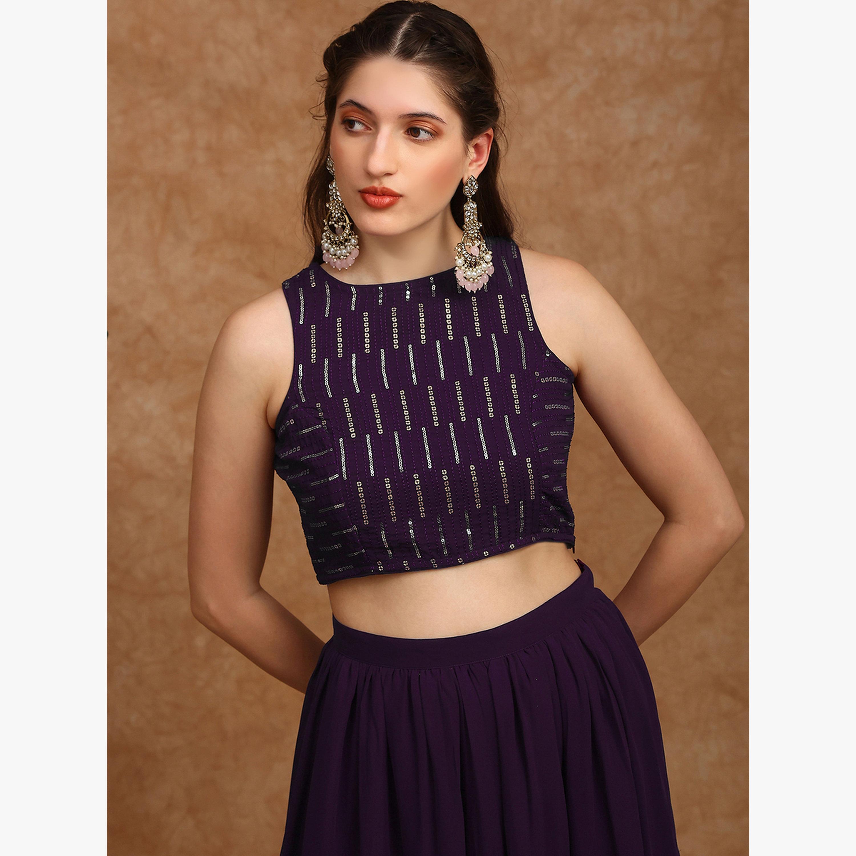 طقم منسق من بلوزة قصيرة من الجورجيت بالترتر وتنورة بطبقات-women-clothing-coordsets-image-2