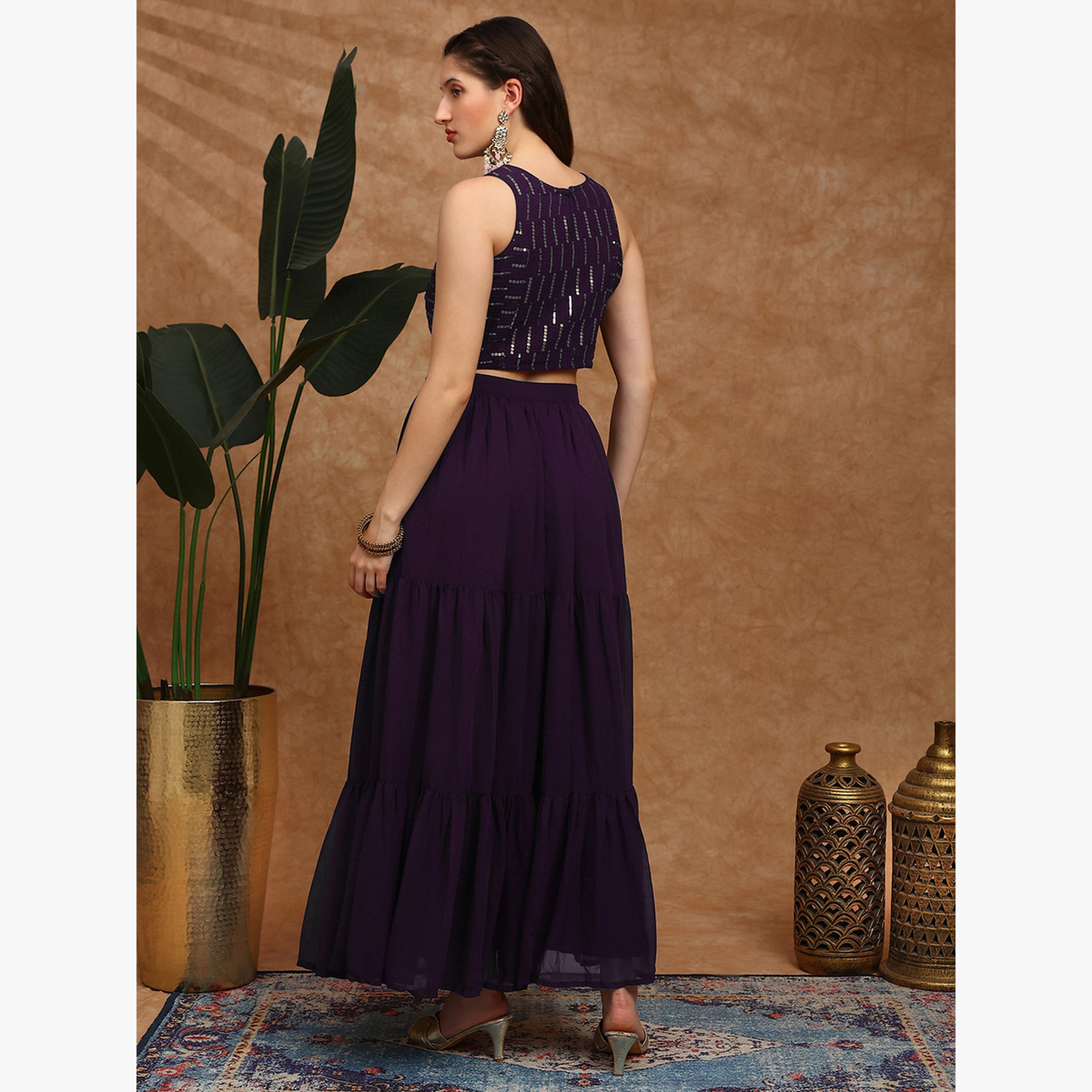 طقم منسق من بلوزة قصيرة من الجورجيت بالترتر وتنورة بطبقات-women-clothing-coordsets-image-3
