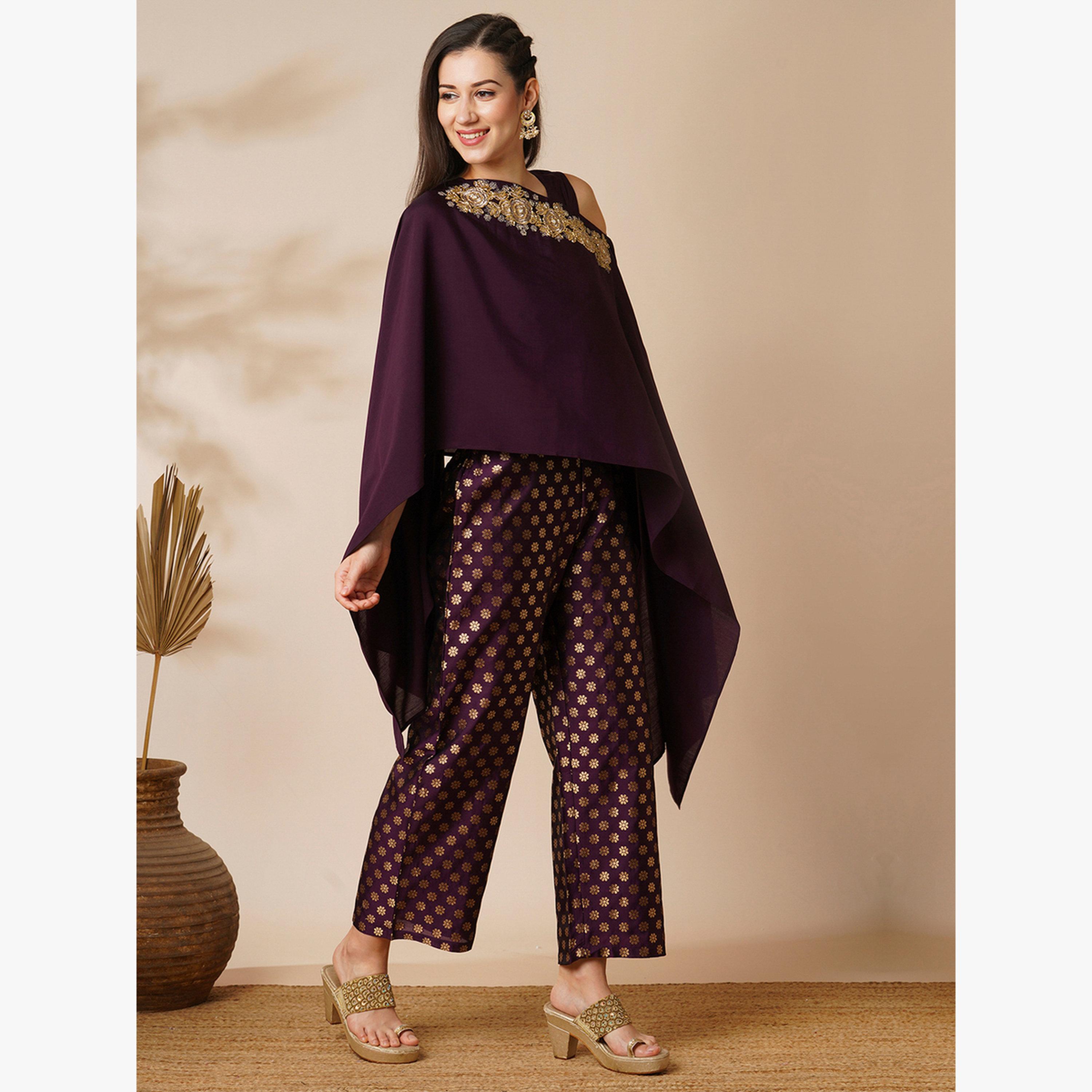 طقم منسق من بلوزة بونشو بياقة قارب مع بنطال بخصر متوسط وحواف مطاطية-women-clothing-coordsets-image-2