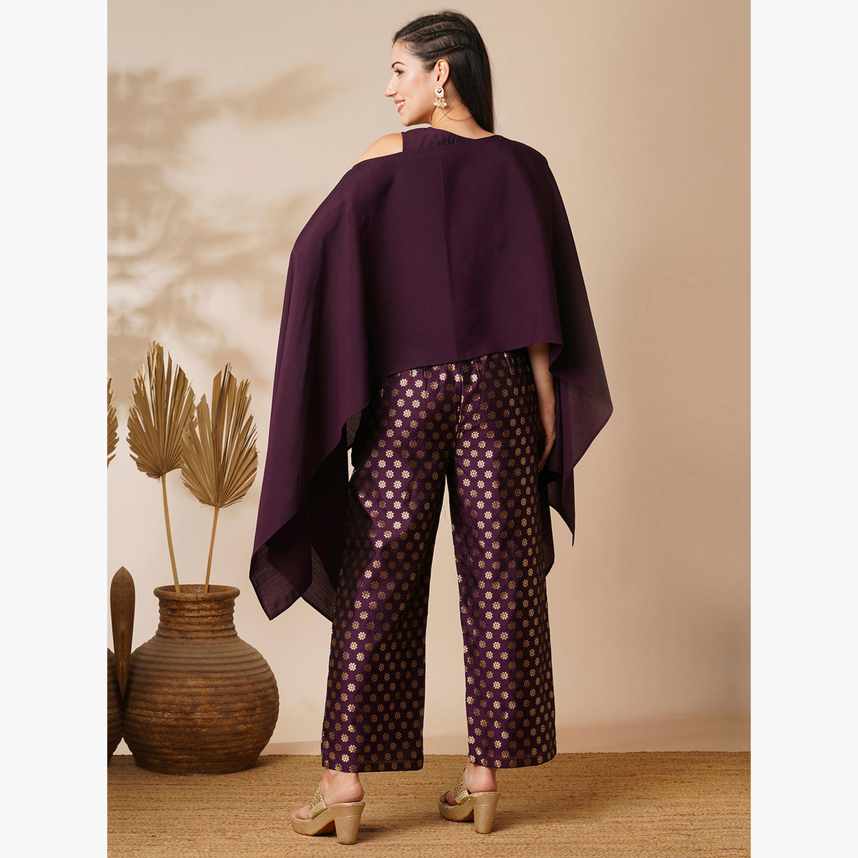 طقم منسق من بلوزة بونشو بياقة قارب مع بنطال بخصر متوسط وحواف مطاطية-women-clothing-coordsets-image-3