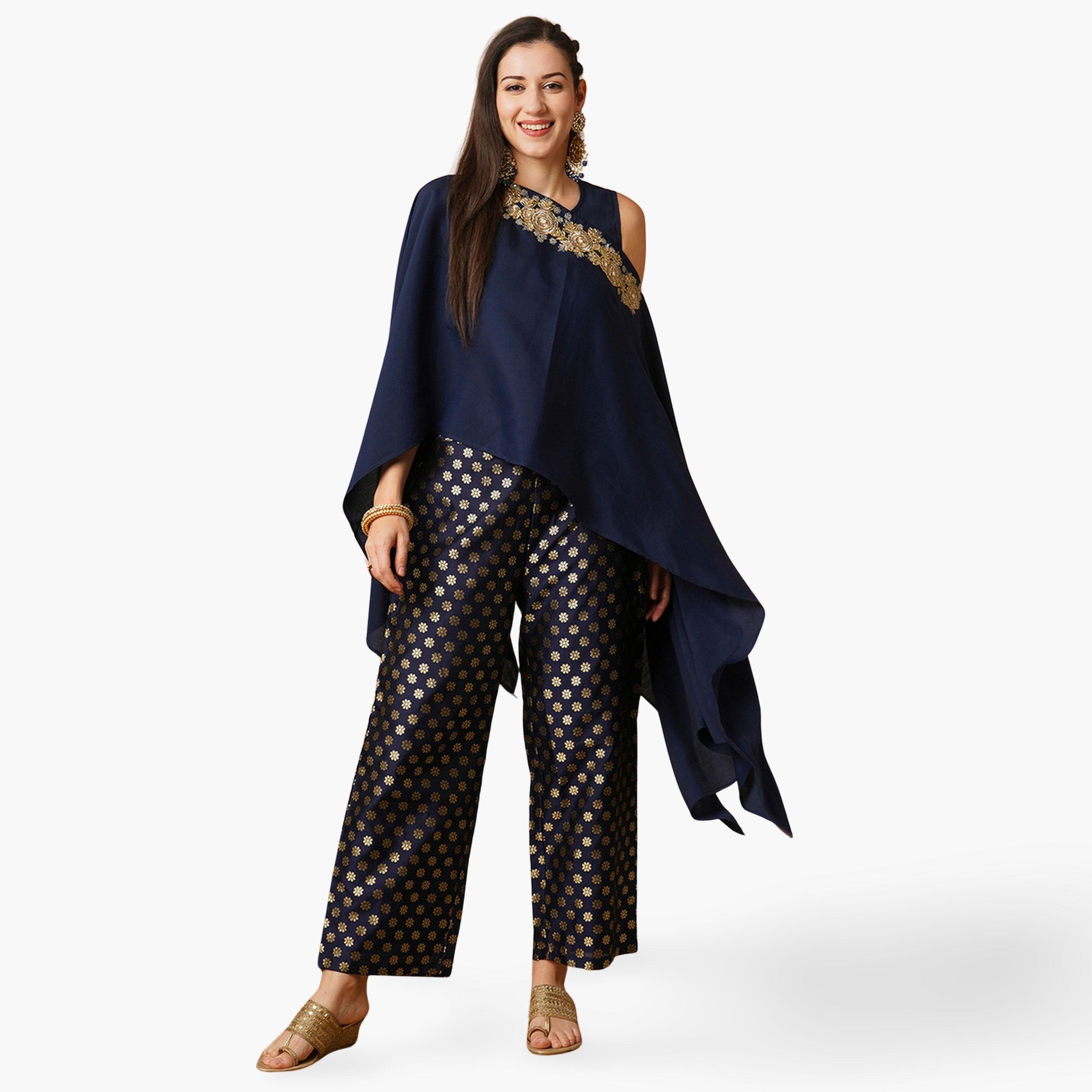 Globus X Styli Women Lace Patch Poncho Top and Foil Print Pants Fusion Co-Ords-women-clothing-coordsets-image-1