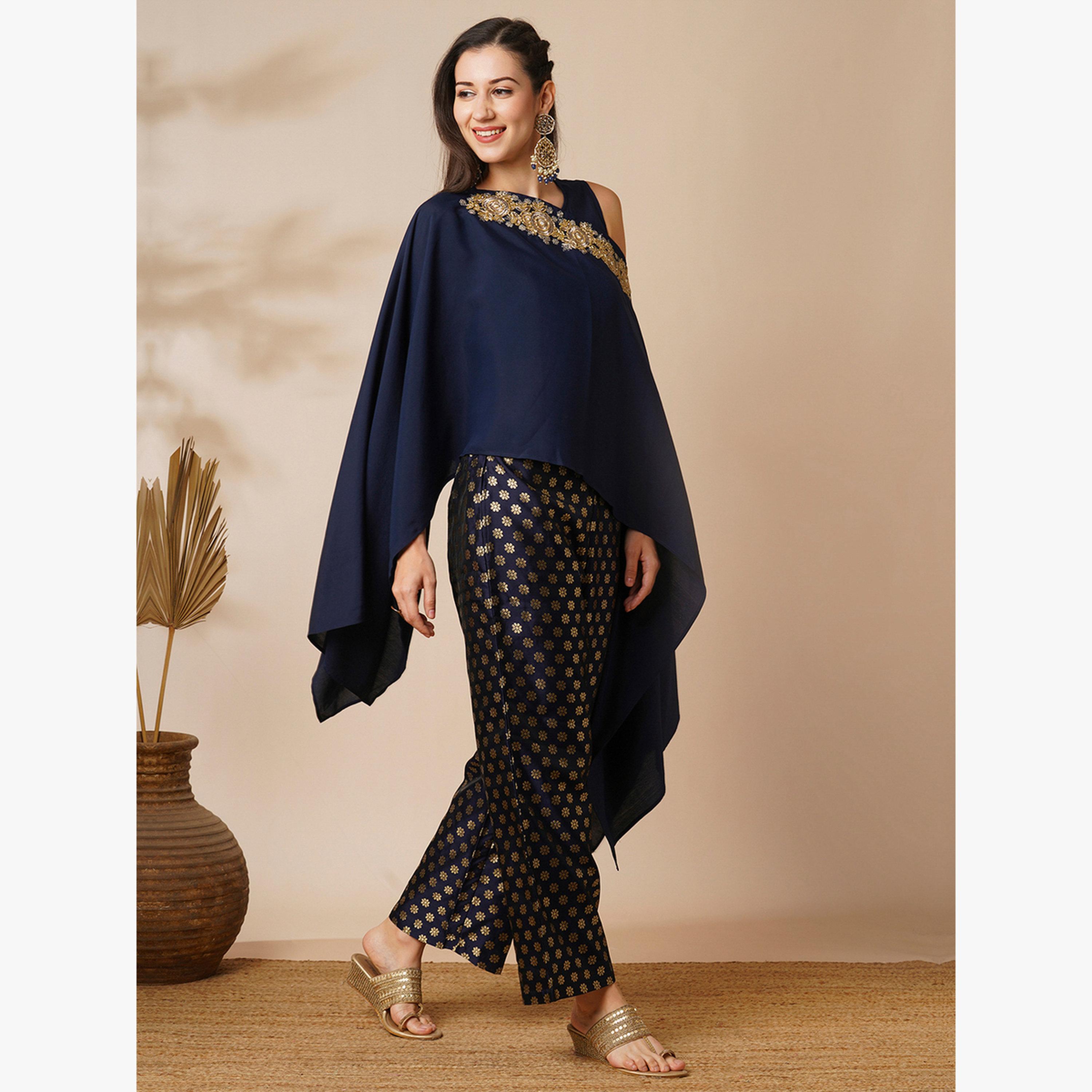Globus X Styli Women Lace Patch Poncho Top and Foil Print Pants Fusion Co-Ords-women-clothing-coordsets-image-2