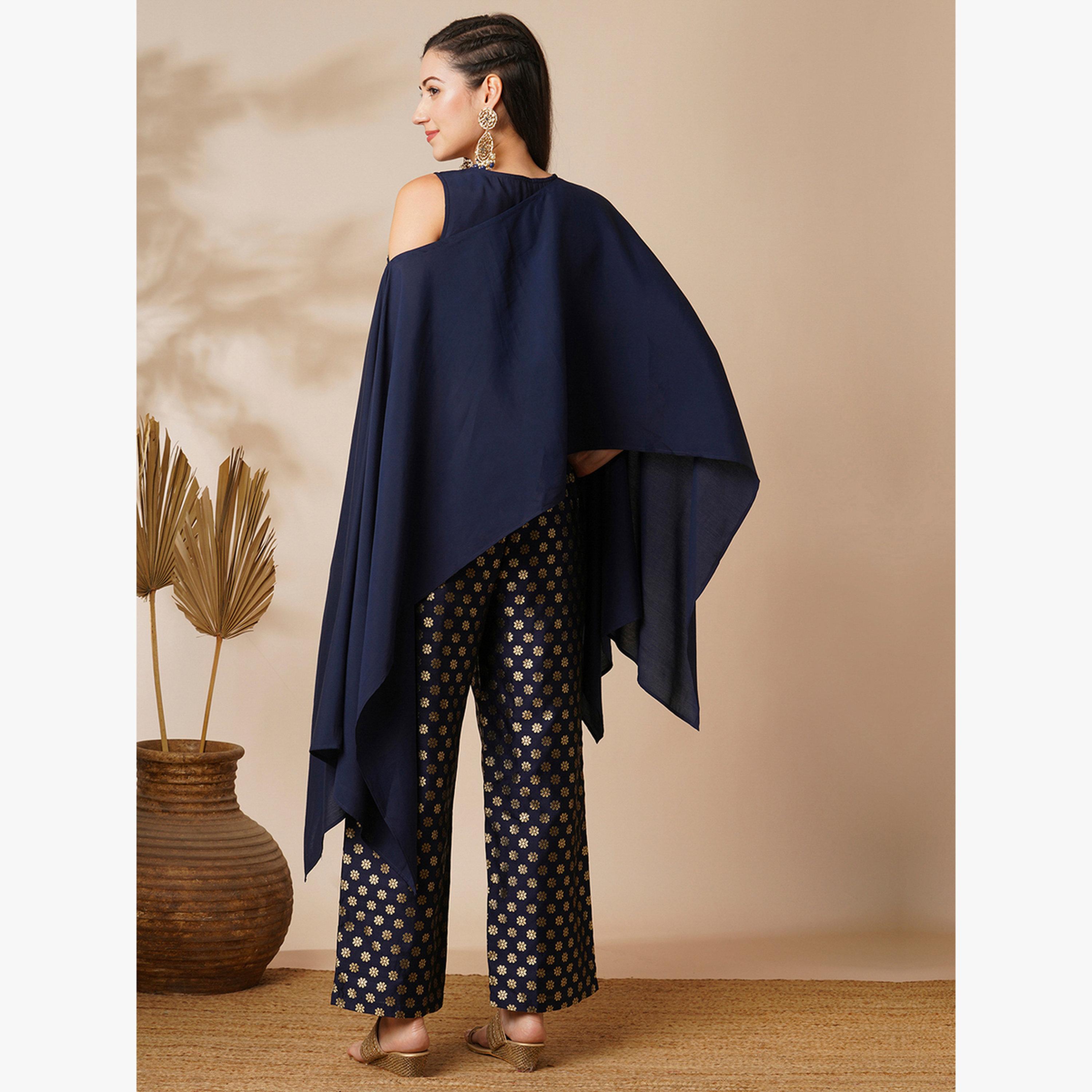 Globus X Styli Women Lace Patch Poncho Top and Foil Print Pants Fusion Co-Ords-women-clothing-coordsets-image-3