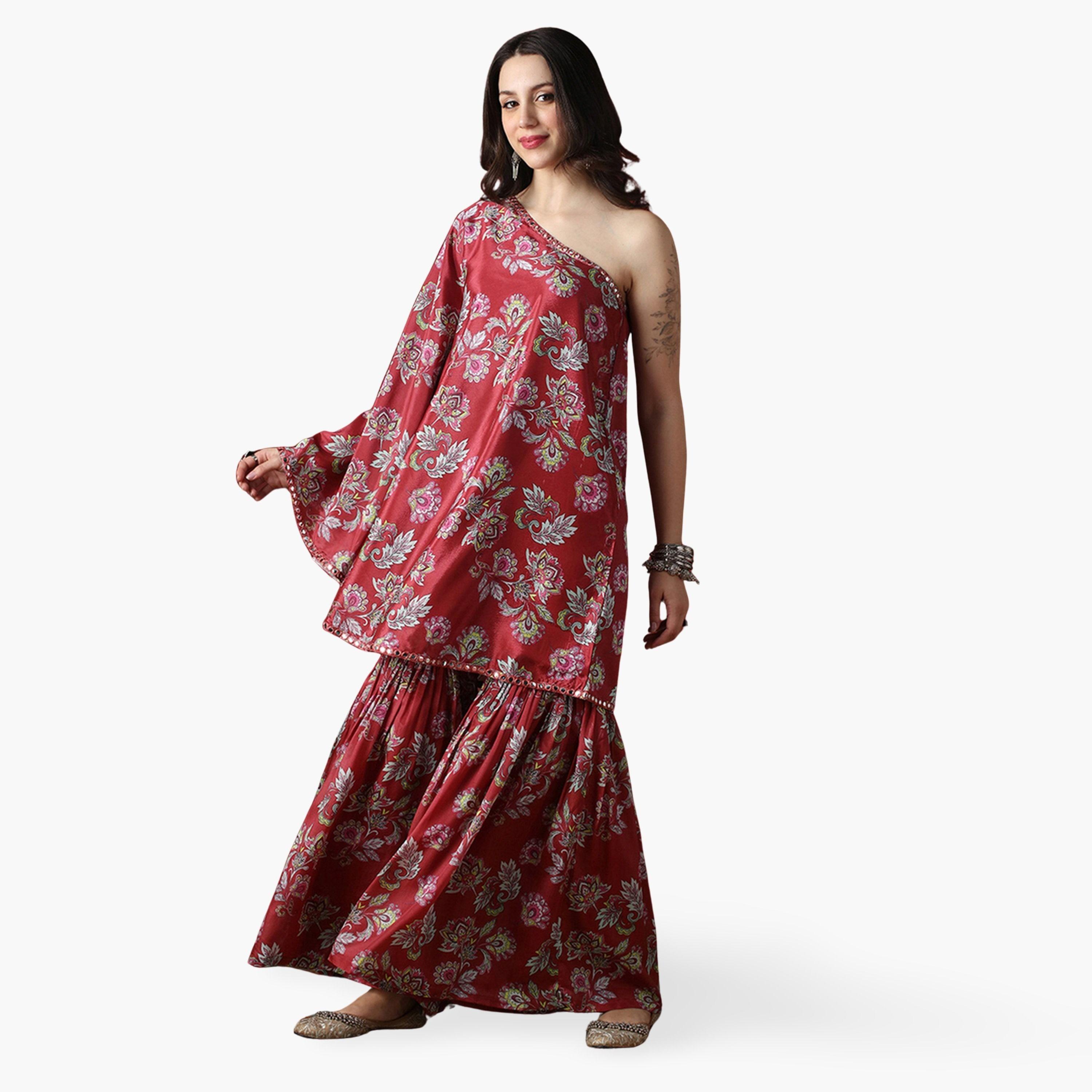 طقم منسق من بلوزة بكتف واحد بتفاصيل مرآة وزهور وشرارة-women-clothing-coordsets-image-1