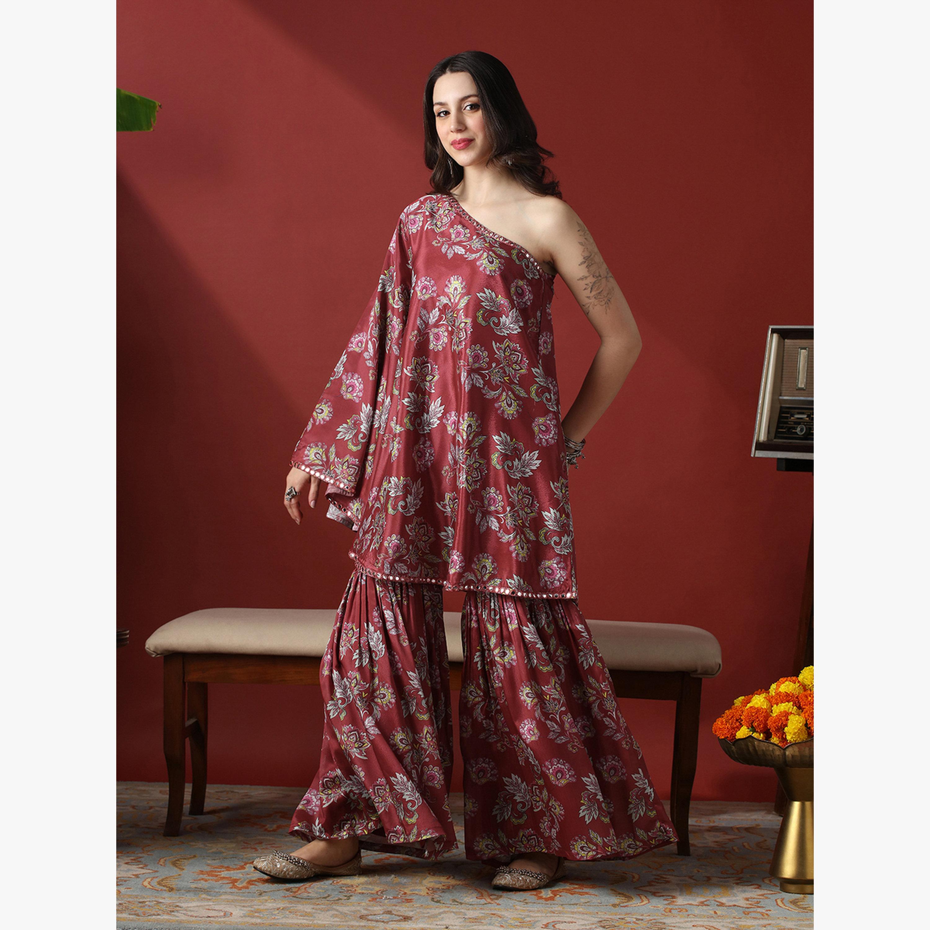 طقم منسق من بلوزة بكتف واحد بتفاصيل مرآة وزهور وشرارة-women-clothing-coordsets-image-2