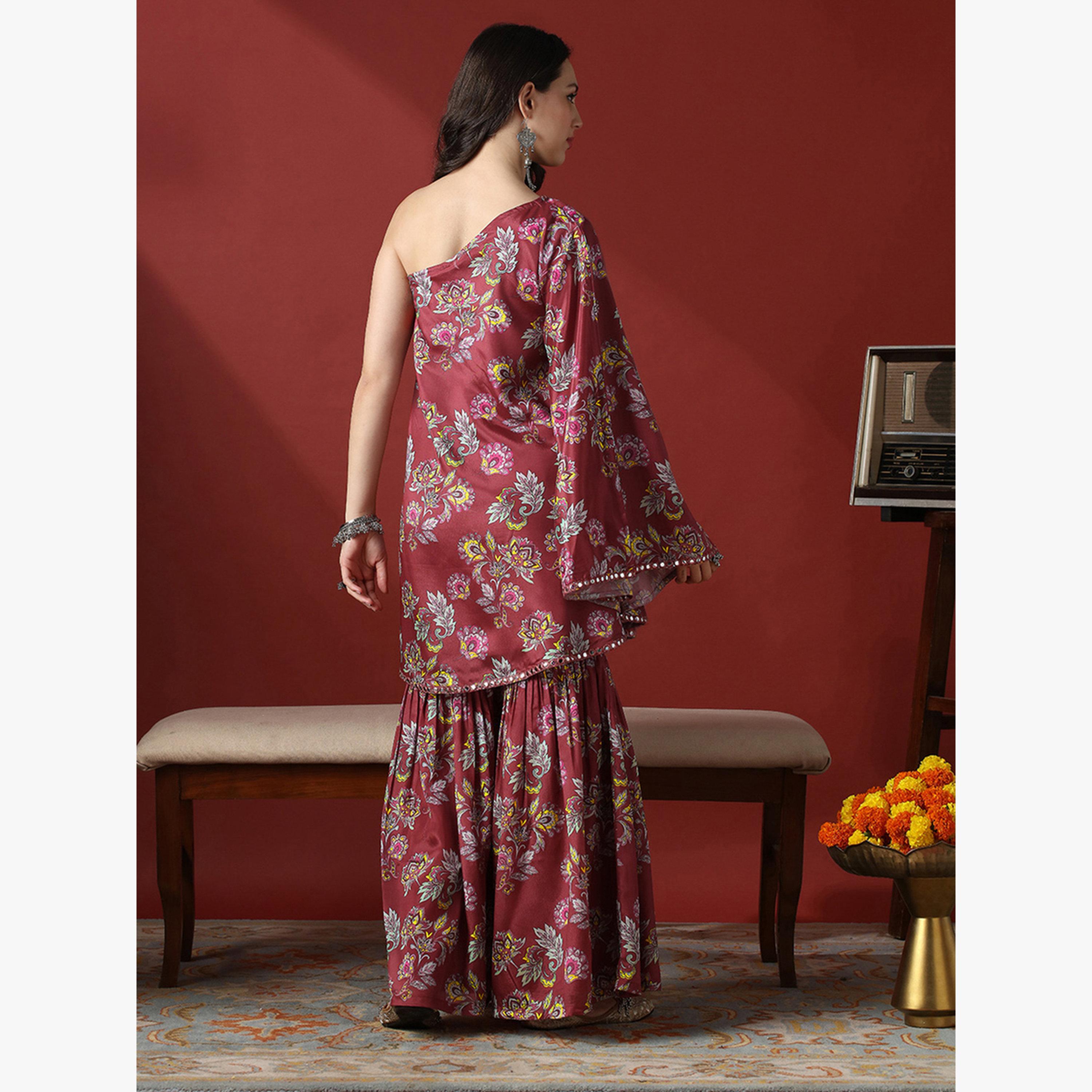 طقم منسق من بلوزة بكتف واحد بتفاصيل مرآة وزهور وشرارة-women-clothing-coordsets-image-3