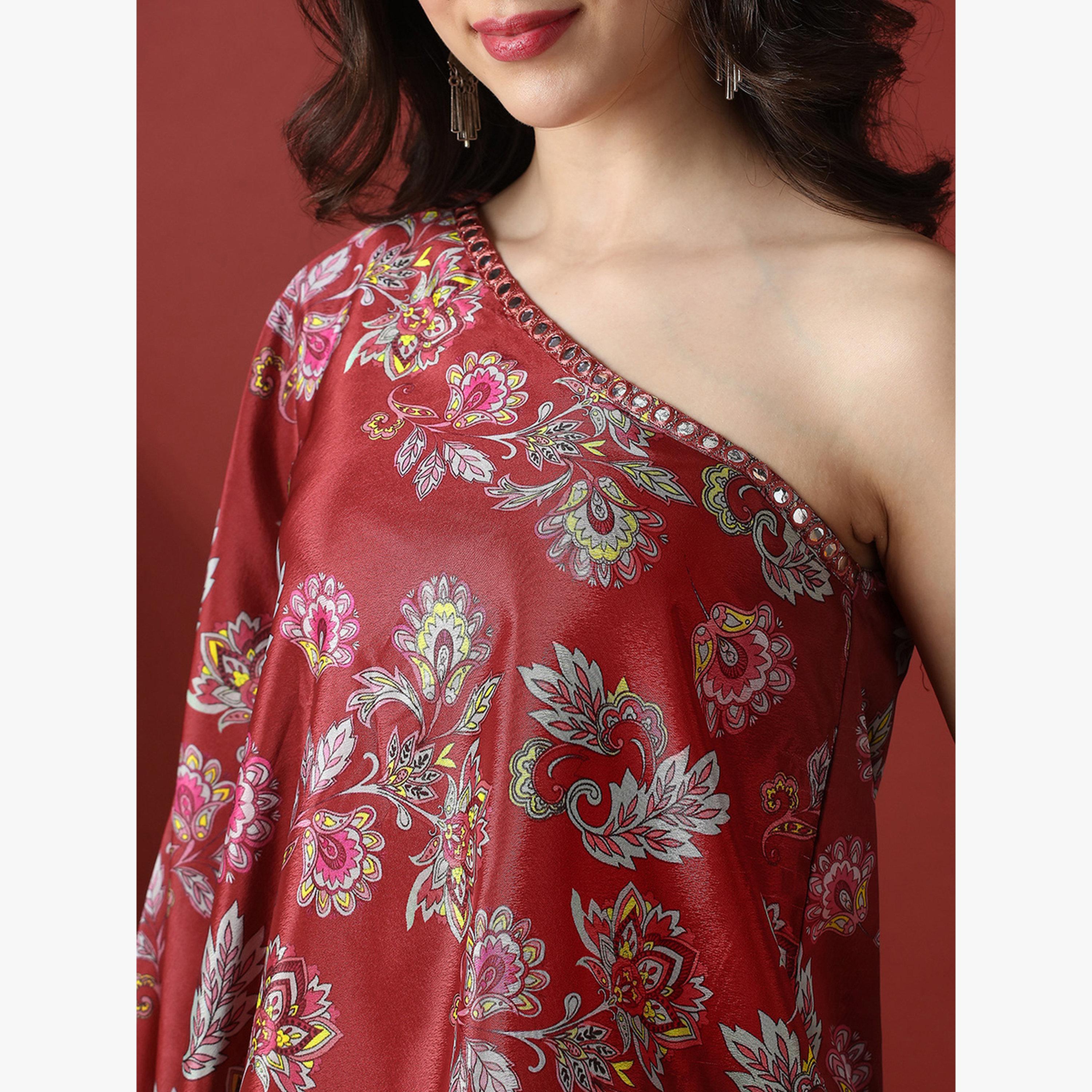 طقم منسق من بلوزة بكتف واحد بتفاصيل مرآة وزهور وشرارة-women-clothing-coordsets-image-4