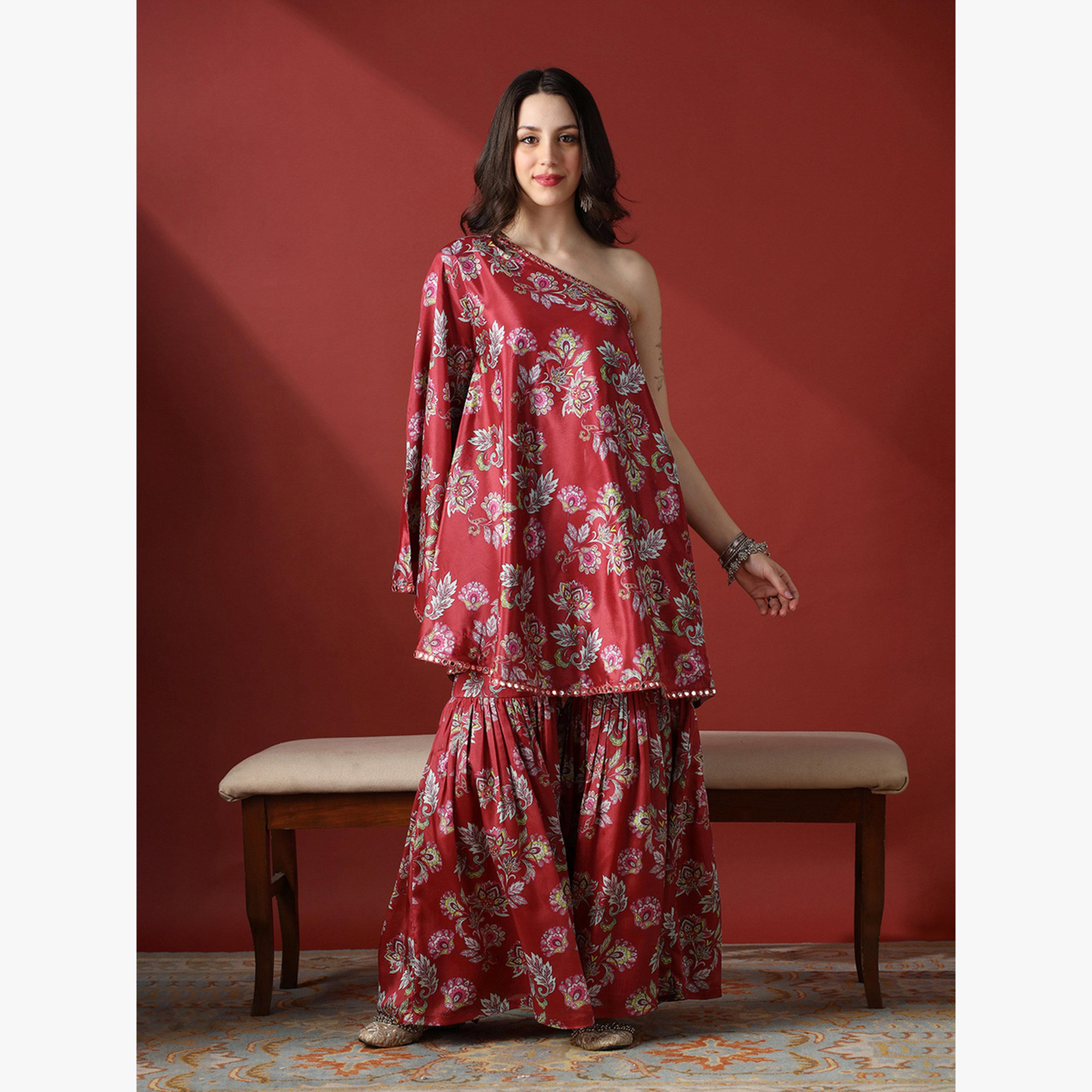 طقم منسق من بلوزة بكتف واحد بتفاصيل مرآة وزهور وشرارة-women-clothing-coordsets-image-6