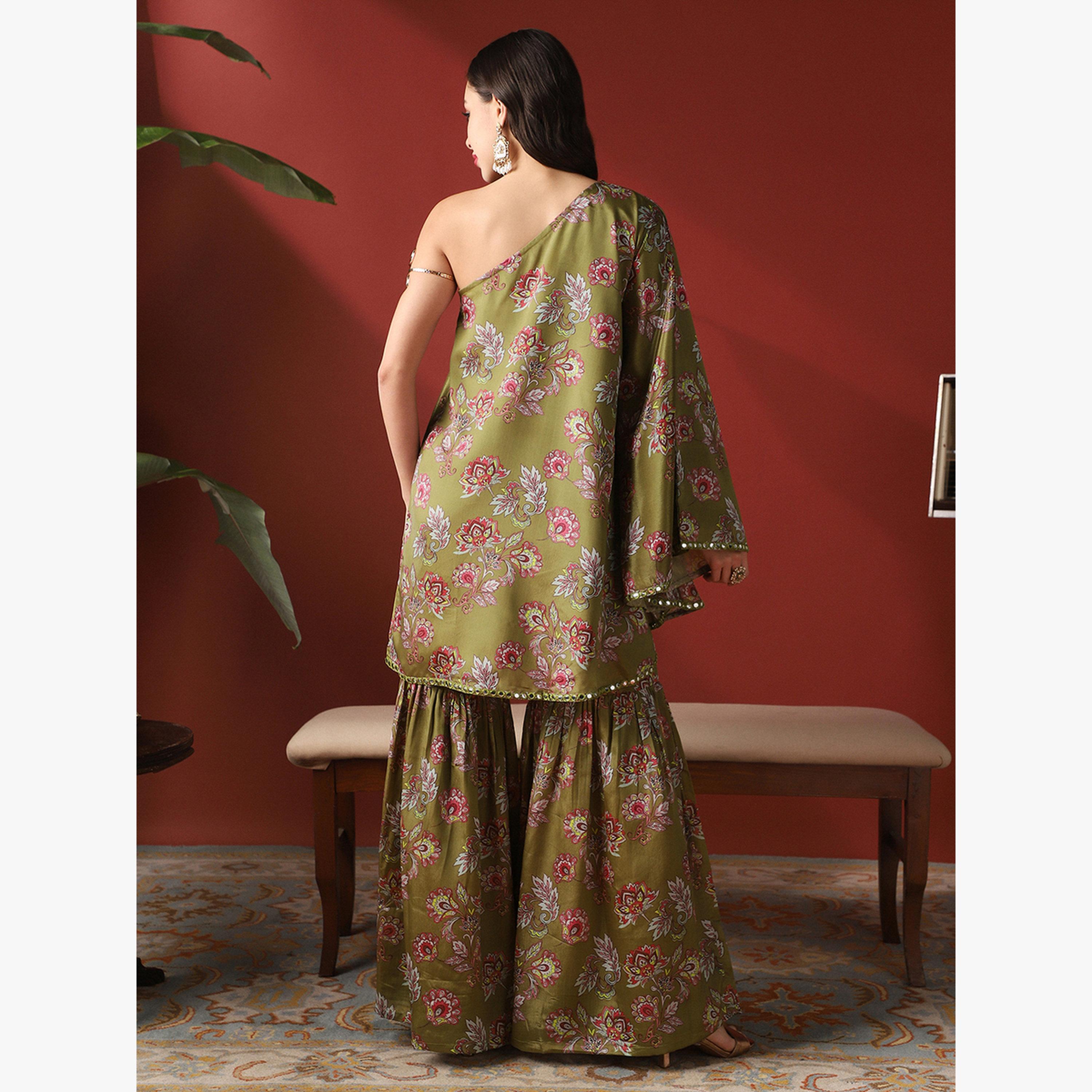 طقم منسق من بلوزة بكتف واحد بتفاصيل مرآة وزهور وشرارة-women-clothing-coordsets-image-3