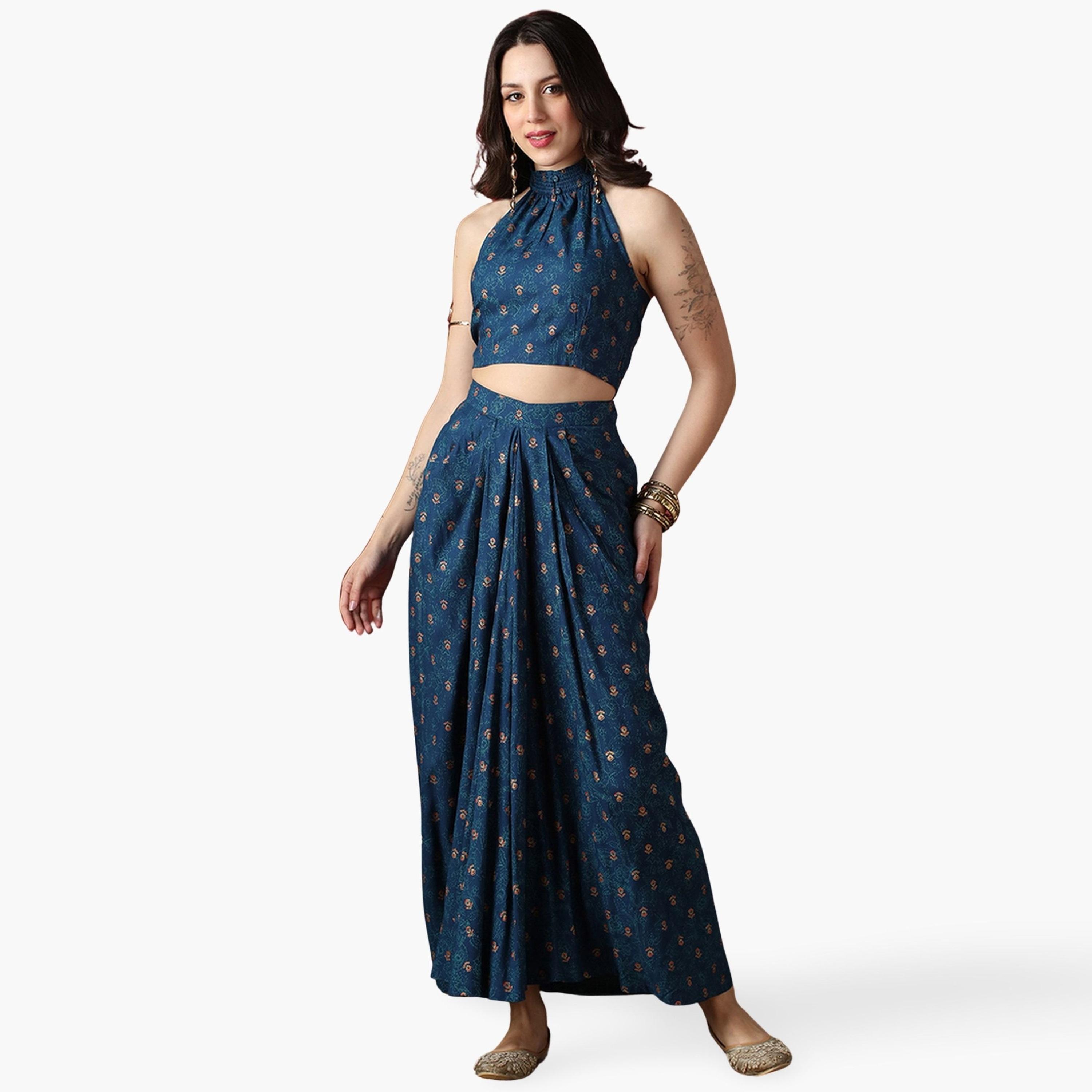 Globus X Styli Women Halter Neck Crop Top and Pleated Maxi Skirt Fusion Co-Ords-women-clothing-coordsets-image-1