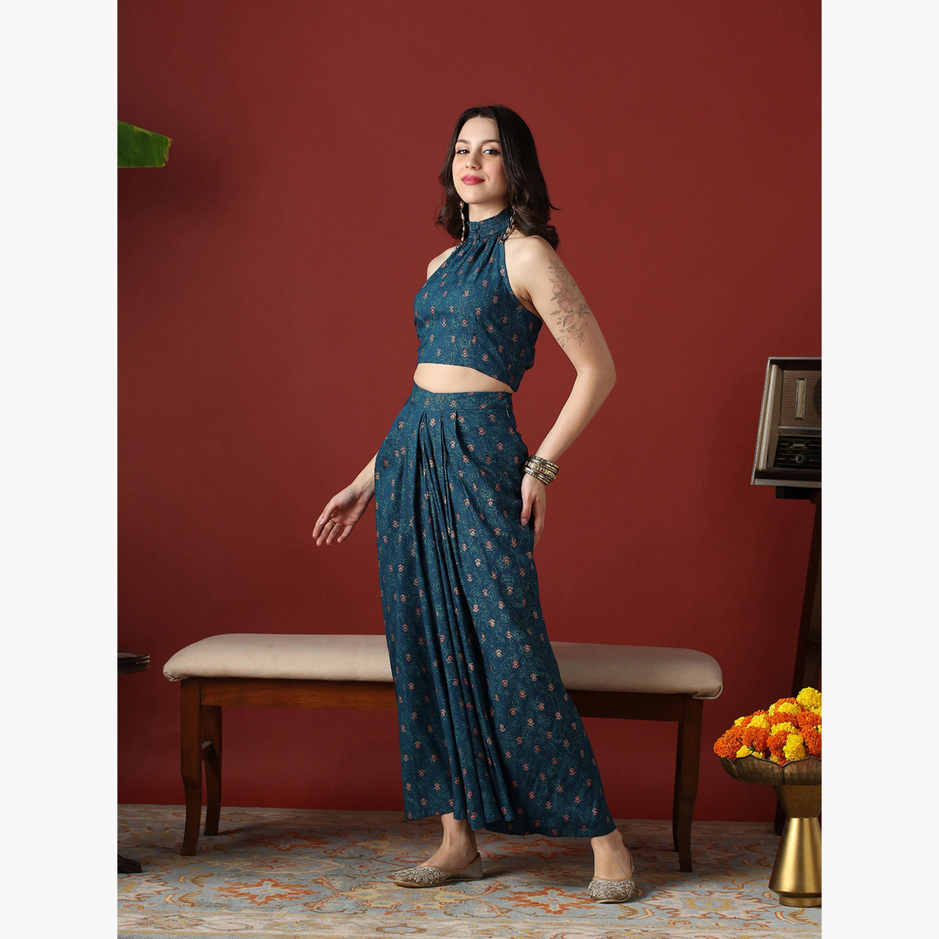 Globus X Styli Women Halter Neck Crop Top and Pleated Maxi Skirt Fusion Co-Ords-women-clothing-coordsets-image-2