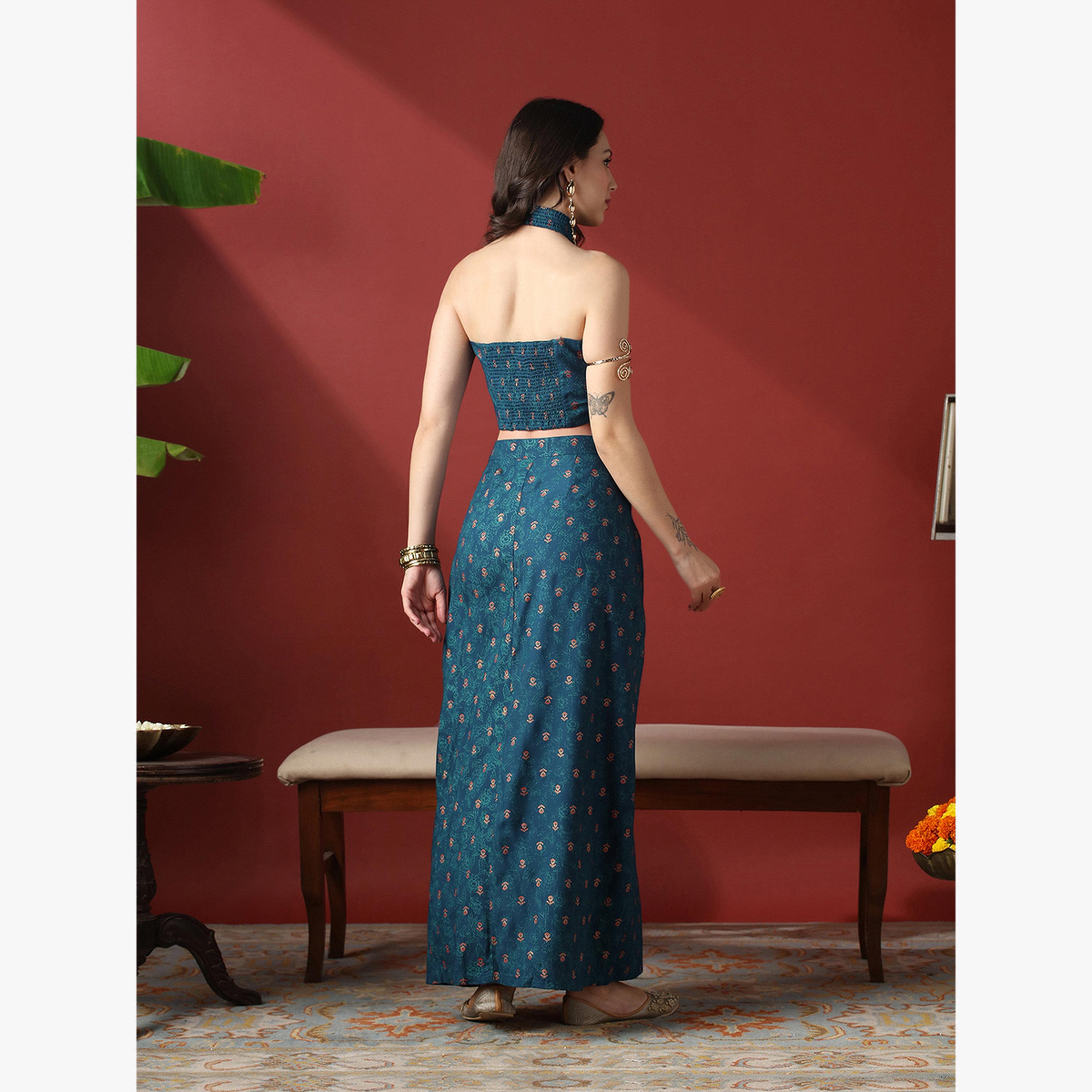 Globus X Styli Women Halter Neck Crop Top and Pleated Maxi Skirt Fusion Co-Ords-women-clothing-coordsets-image-3