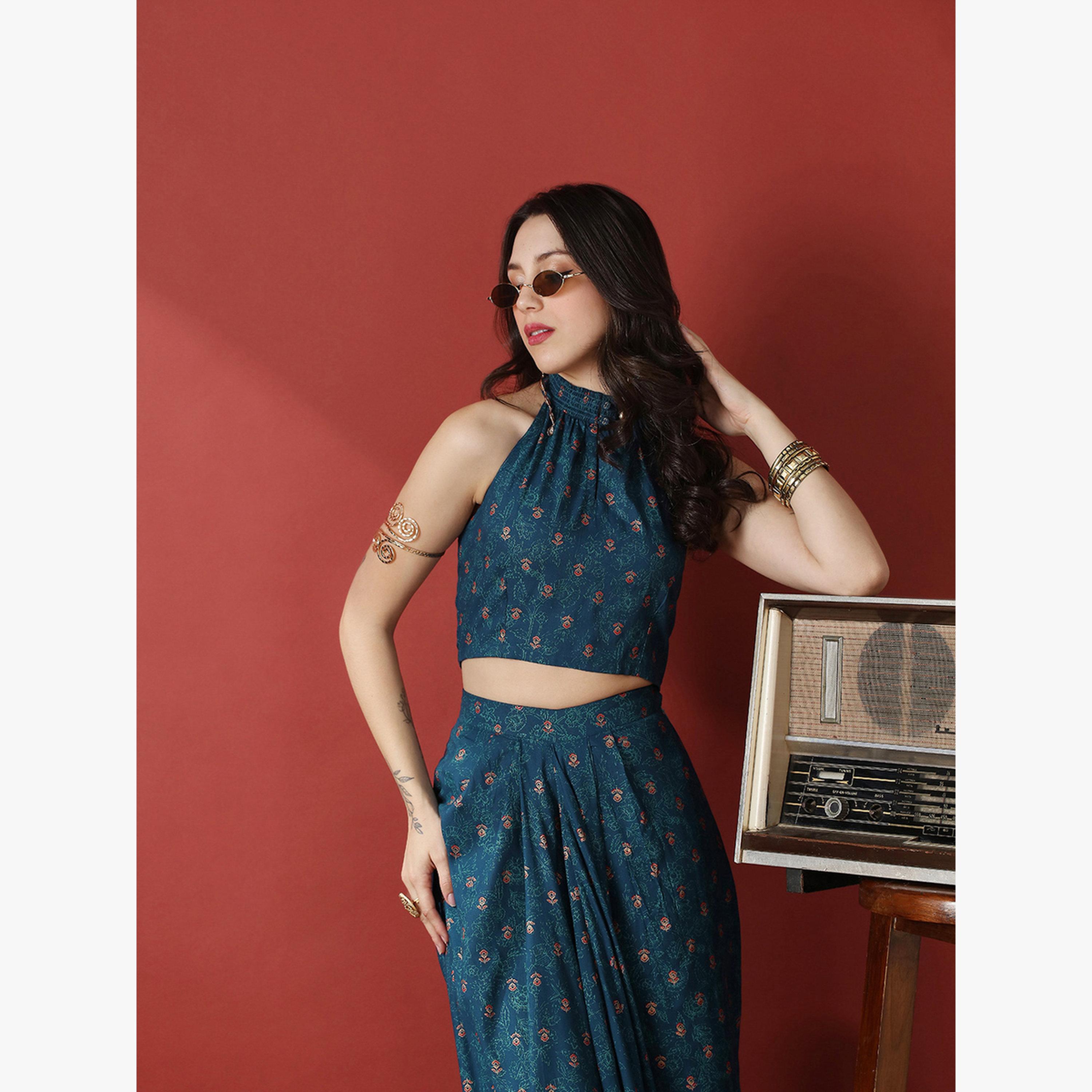 Globus X Styli Women Halter Neck Crop Top and Pleated Maxi Skirt Fusion Co-Ords-women-clothing-coordsets-image-6