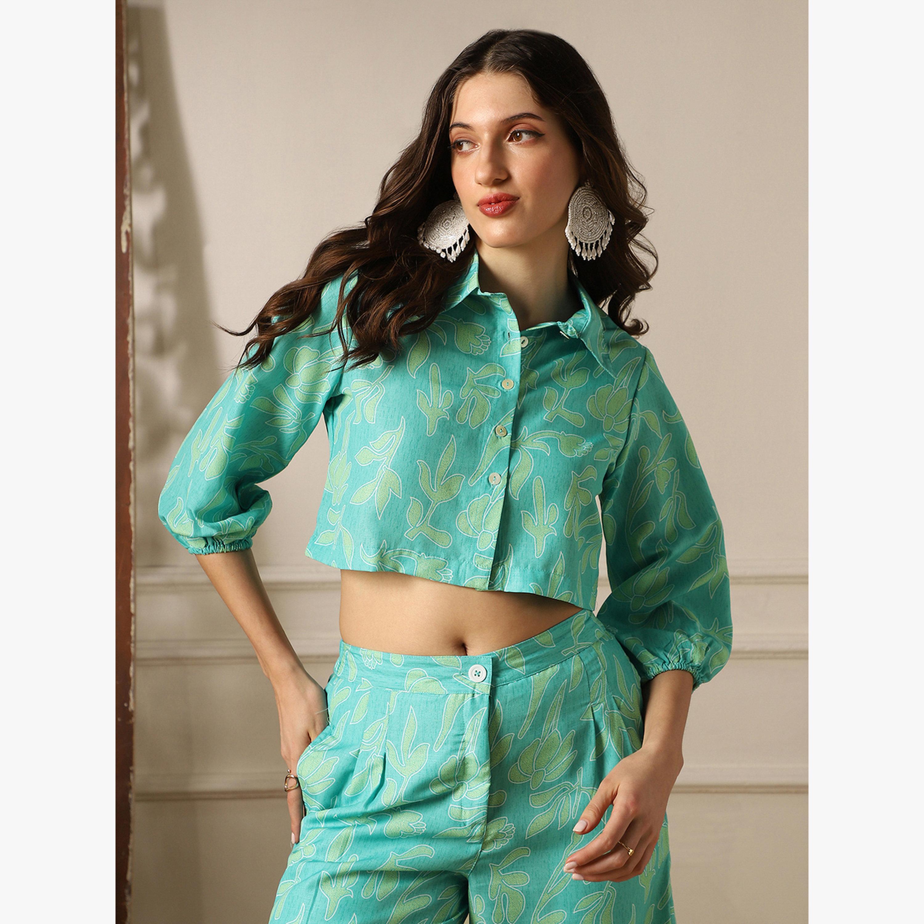 طقم منسق من قميص قصير مطبع وبنطال بأرجل واسعة-women-clothing-coordsets-image-6