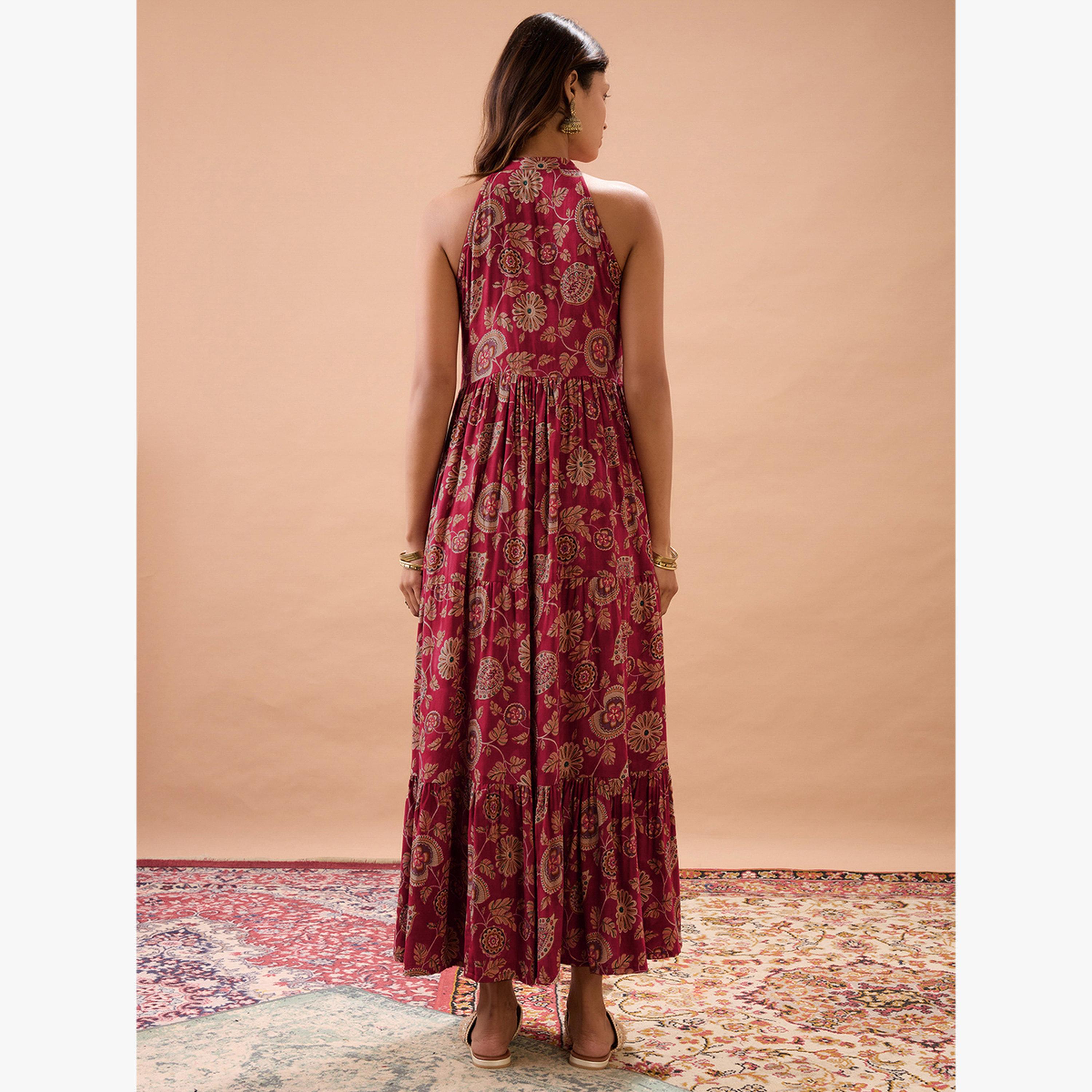 فستان طويل بطبعة زهور وياقة هولتر-women-clothing-dresses-image-3