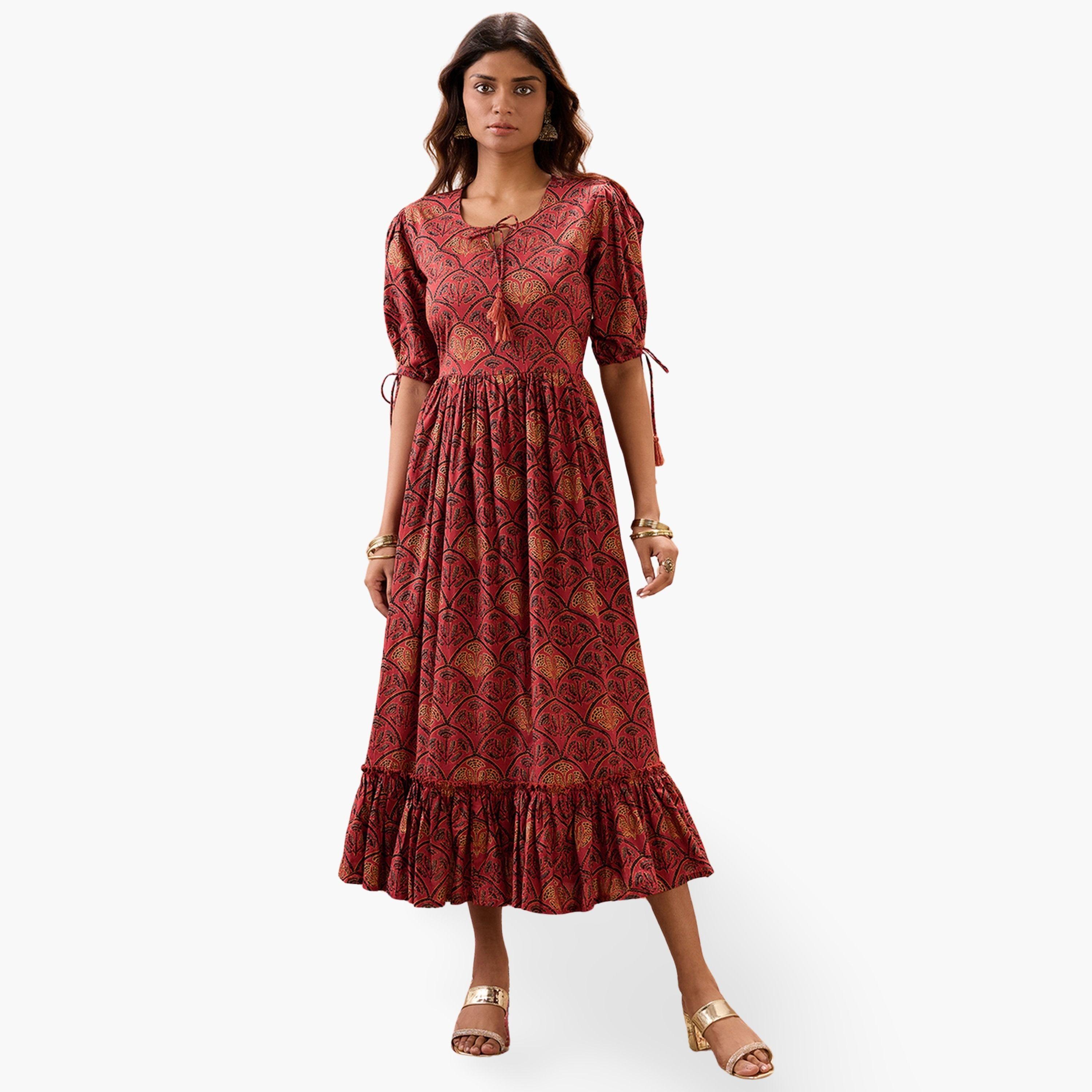 فستان ميدي بحافة واسعة وطبعة عرقية مع أكمام منفوخة-women-clothing-dresses-image-1