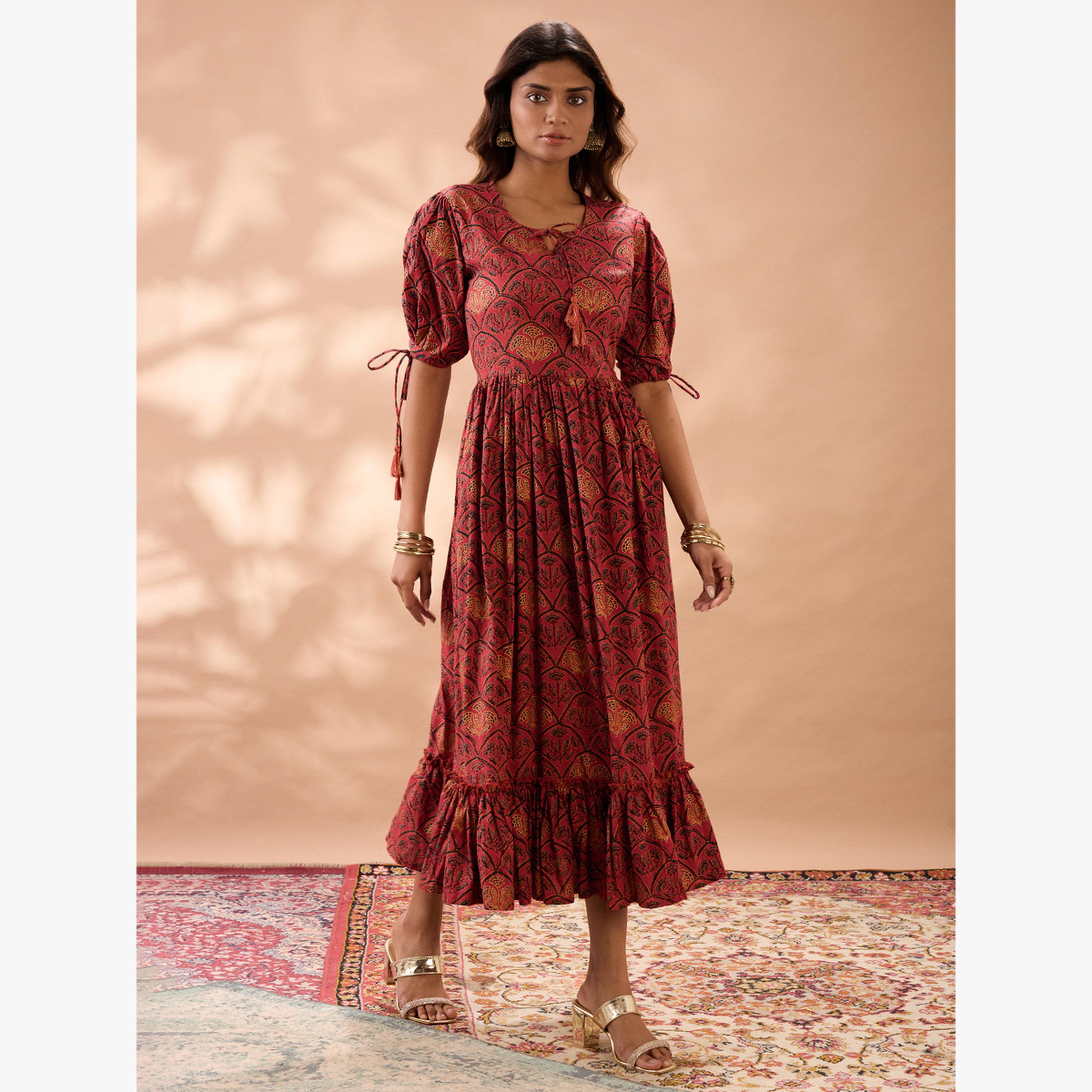 فستان ميدي بحافة واسعة وطبعة عرقية مع أكمام منفوخة-women-clothing-dresses-image-2