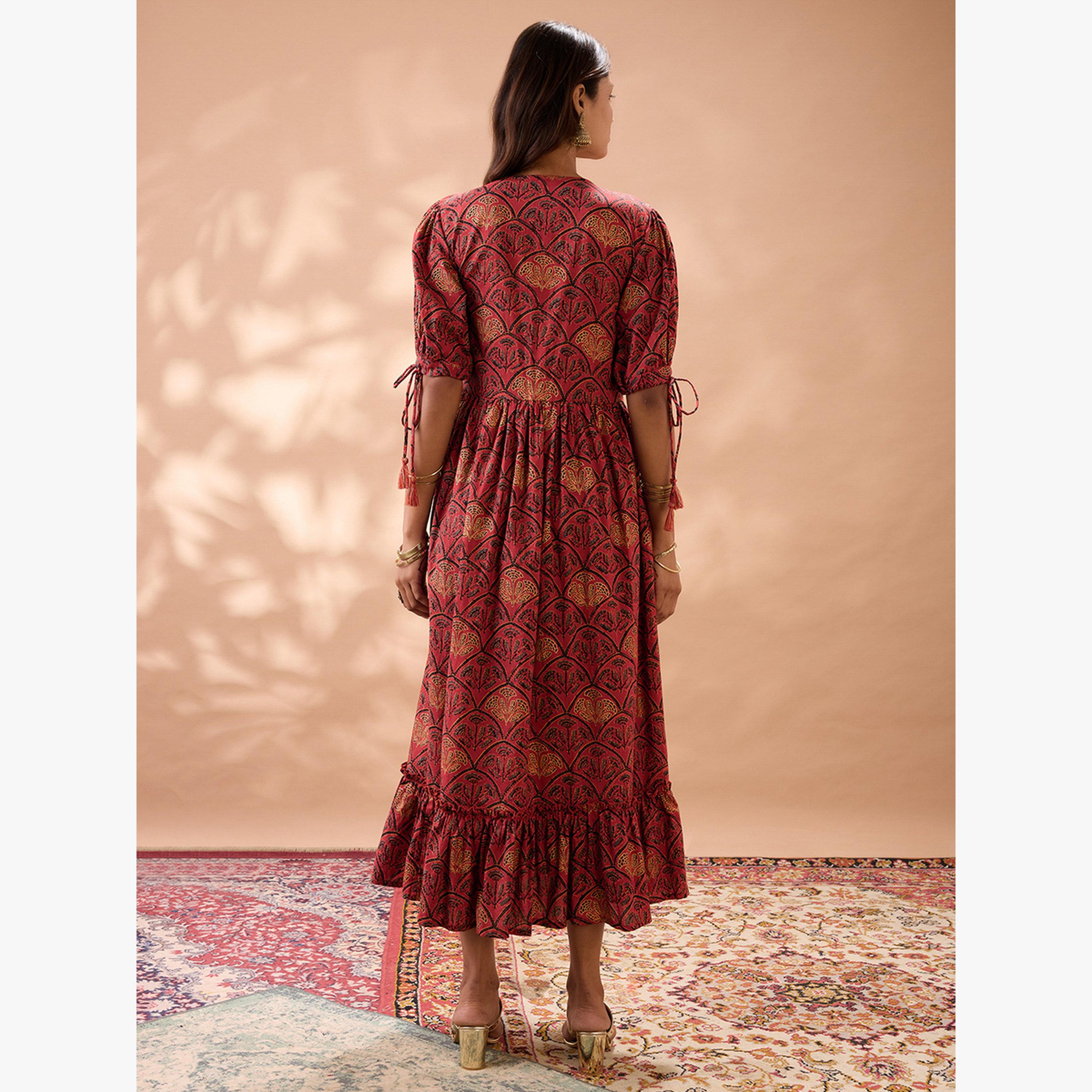 Globus X Styli Puff Sleeves Ethnic Print A-Line Midi Dress-women-clothing-dresses-image-3