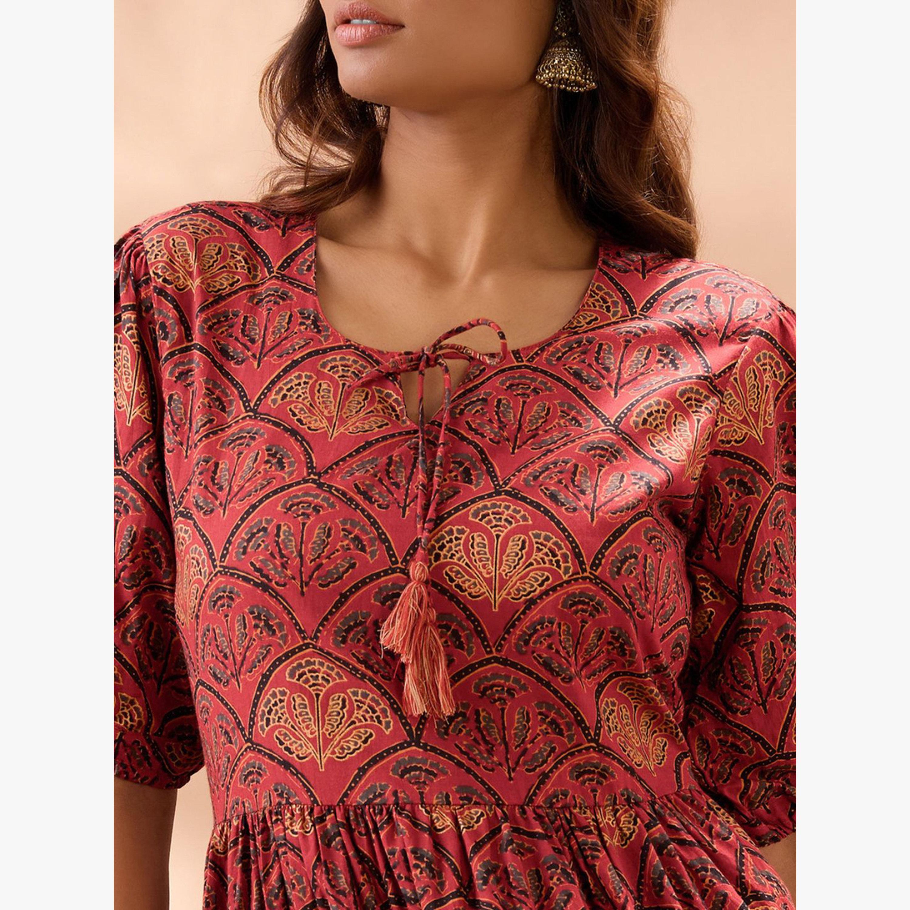 Globus X Styli Puff Sleeves Ethnic Print A-Line Midi Dress-women-clothing-dresses-image-4