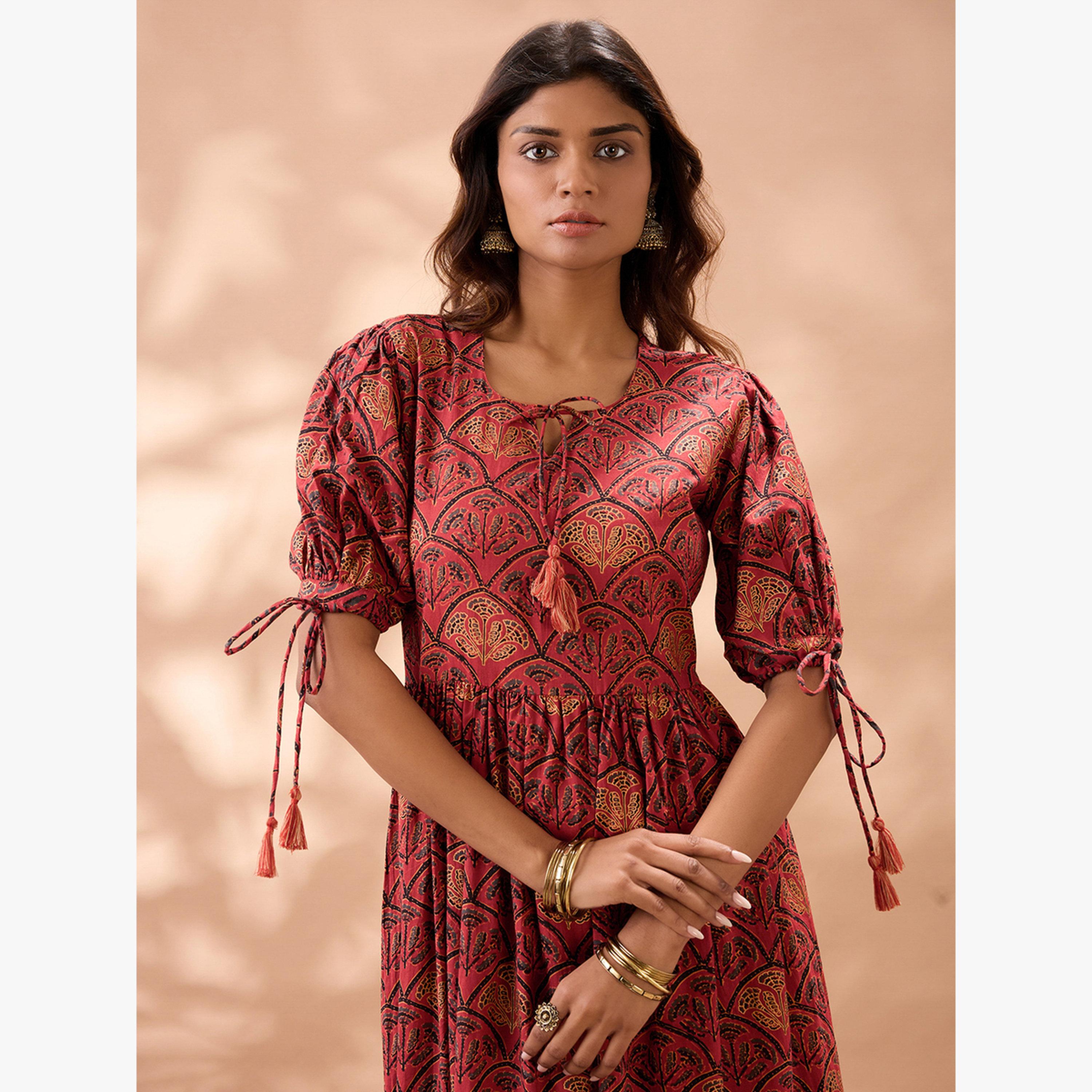Globus X Styli Puff Sleeves Ethnic Print A-Line Midi Dress-women-clothing-dresses-image-5