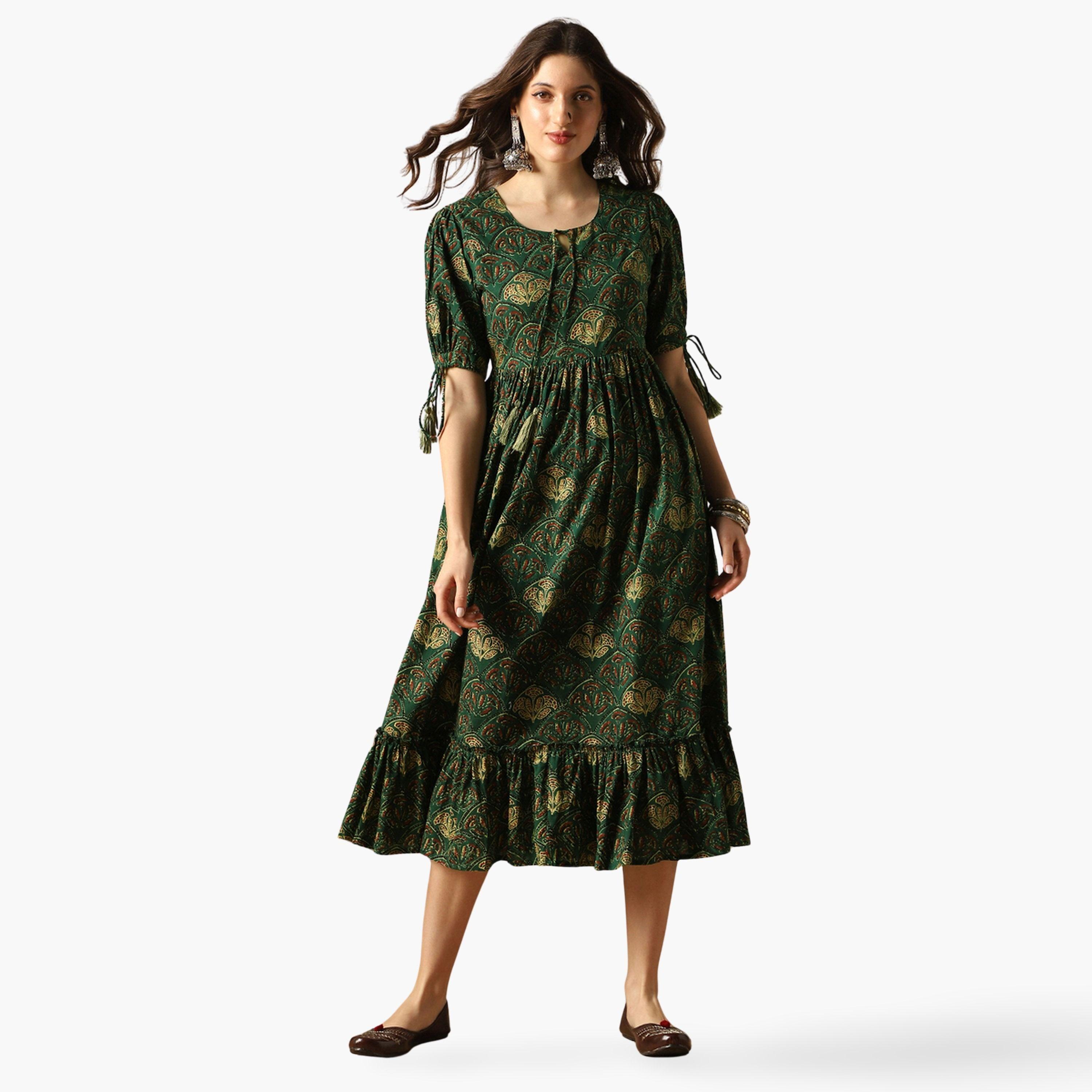 Globus X Styli Puff Sleeves Ethnic Print A-Line Midi Dress-women-clothing-dresses-image-1