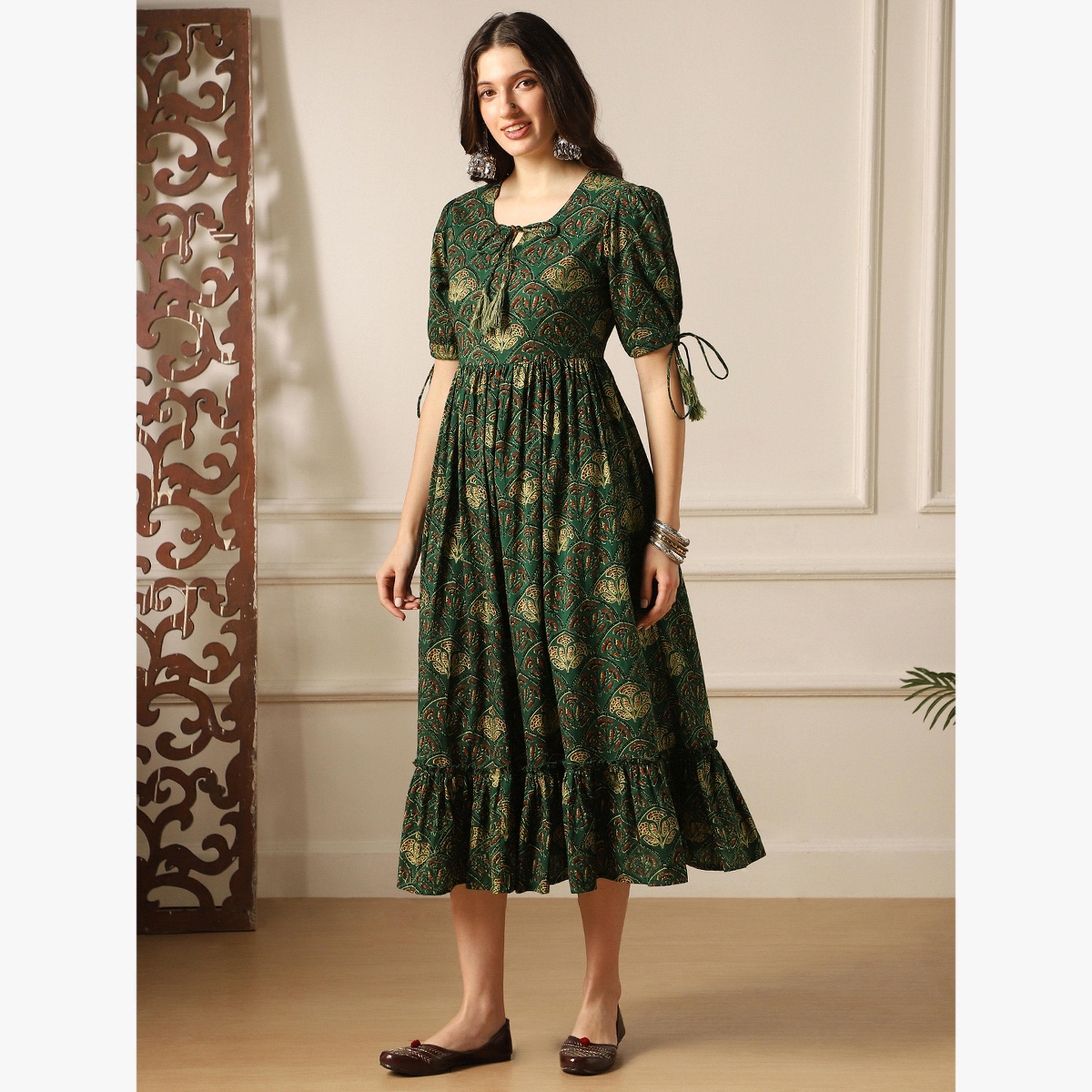 فستان ميدي بحافة واسعة وطبعة زهور مع أكمام منفوخة-women-clothing-dresses-image-2