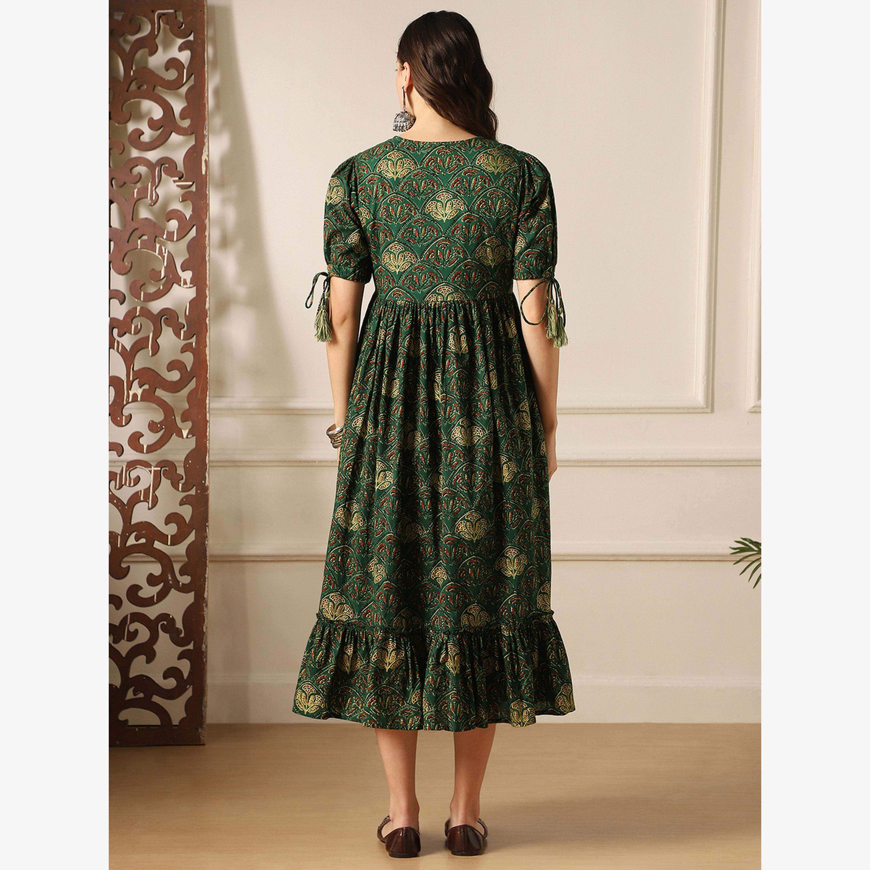 Globus X Styli Puff Sleeves Ethnic Print A-Line Midi Dress-women-clothing-dresses-image-3