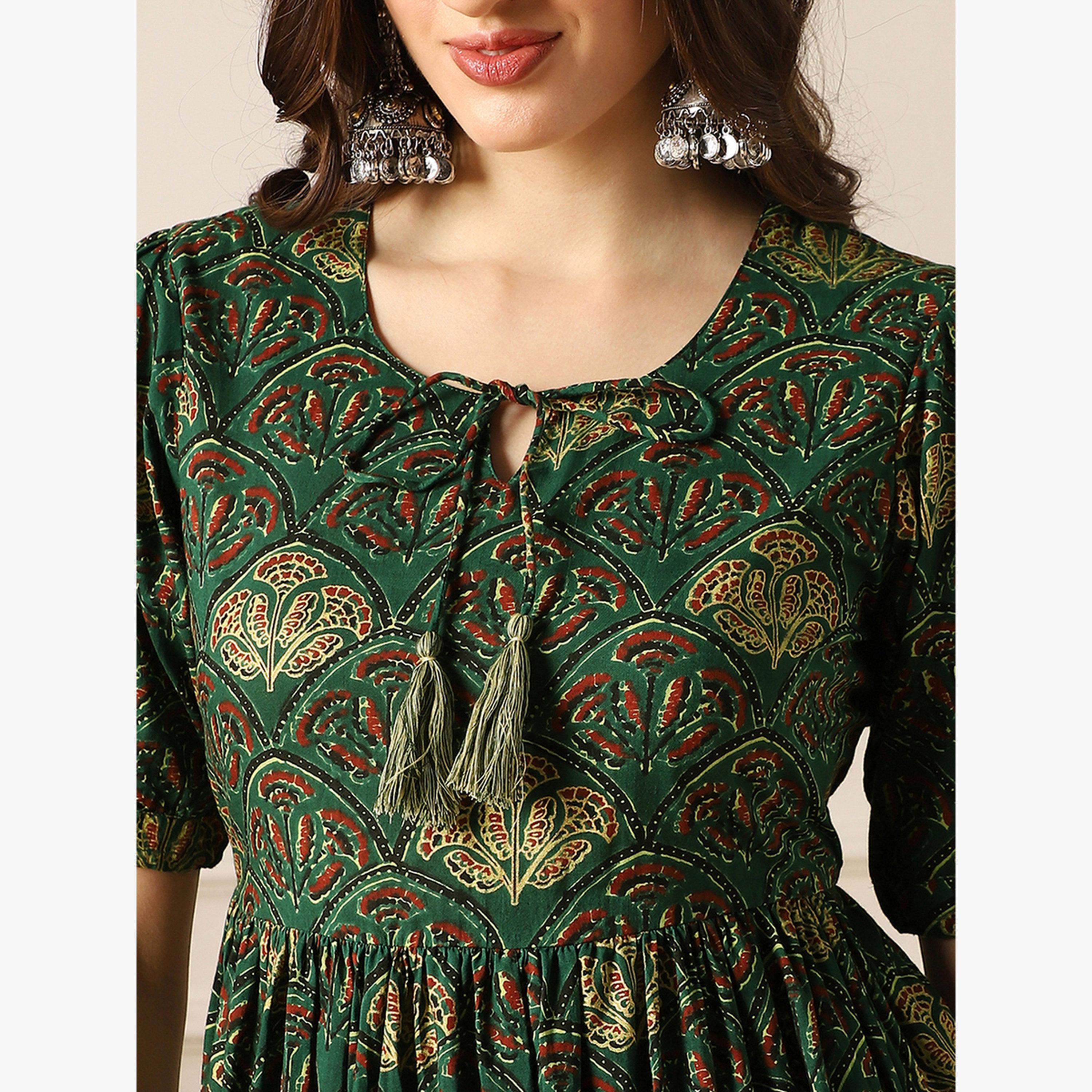 Globus X Styli Puff Sleeves Ethnic Print A-Line Midi Dress-women-clothing-dresses-image-4