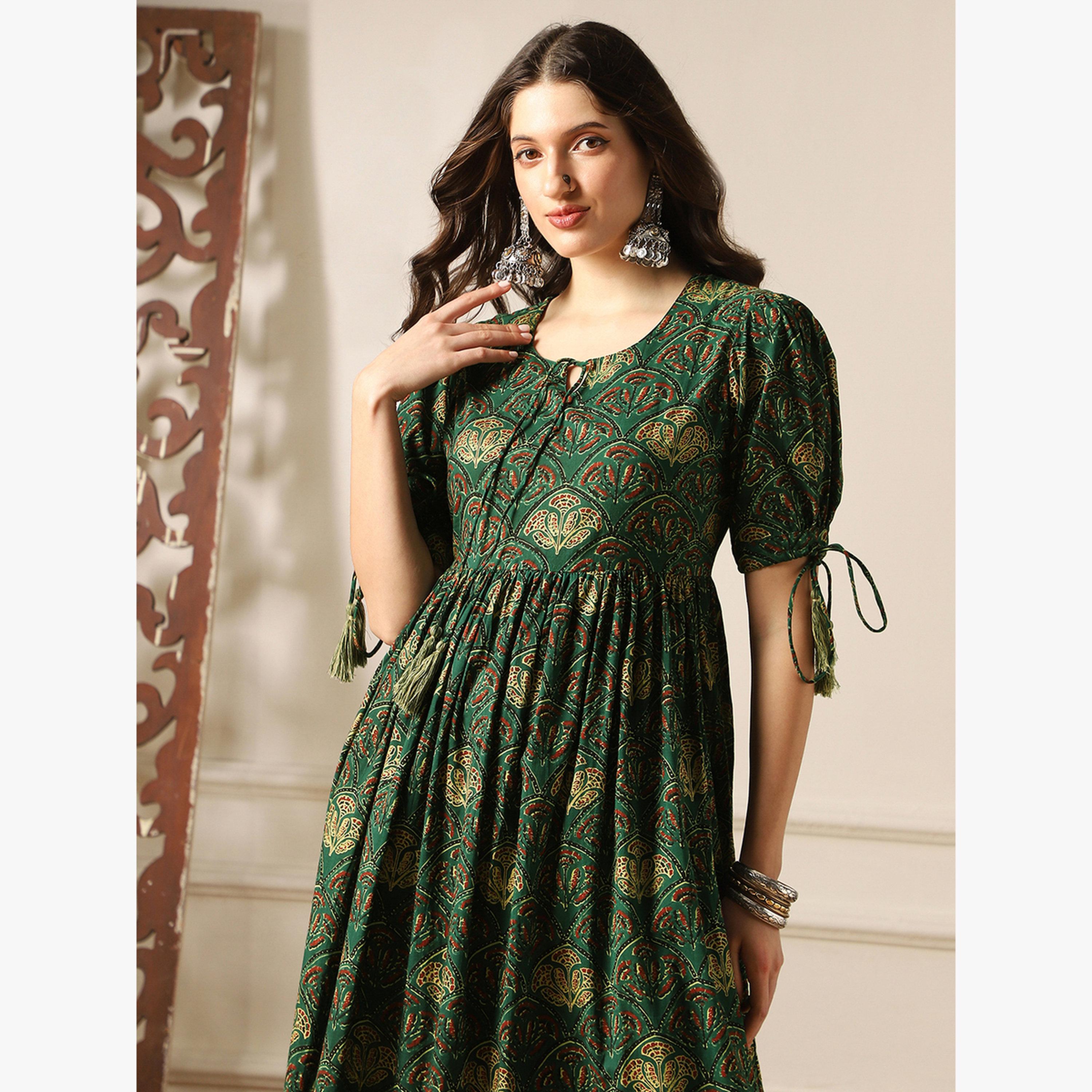 فستان ميدي بحافة واسعة وطبعة زهور مع أكمام منفوخة-women-clothing-dresses-image-5