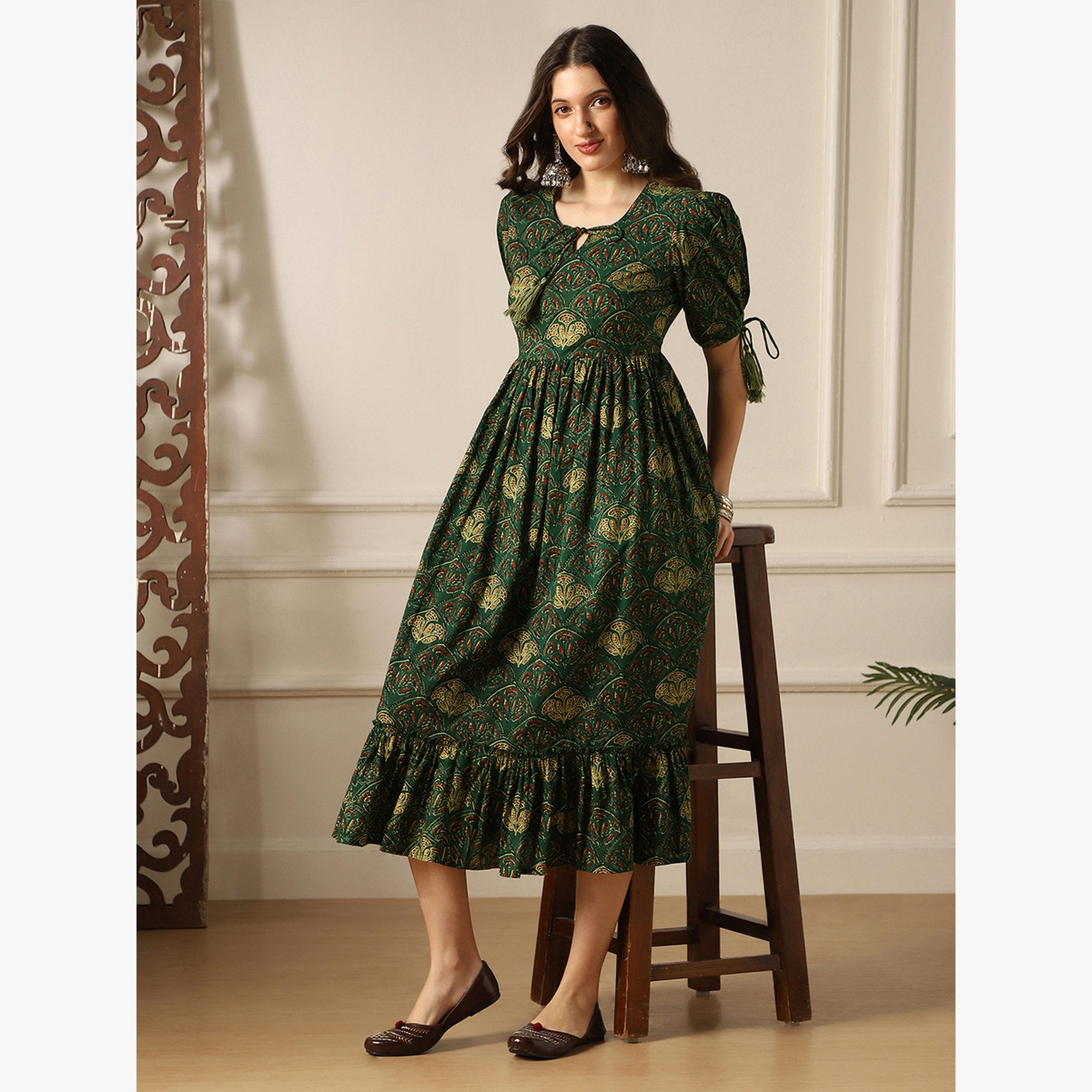 Globus X Styli Puff Sleeves Ethnic Print A-Line Midi Dress-women-clothing-dresses-image-6