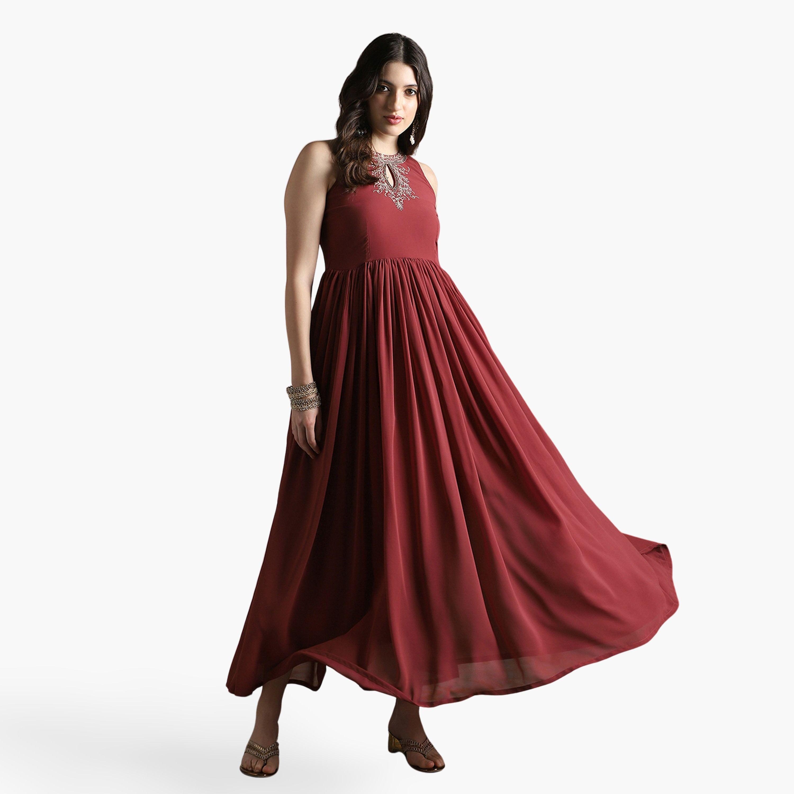 Globus X Styli Halter Keyhole Neck Embroidered Detail Maxi Festive Dress-women-clothing-dresses-image-1