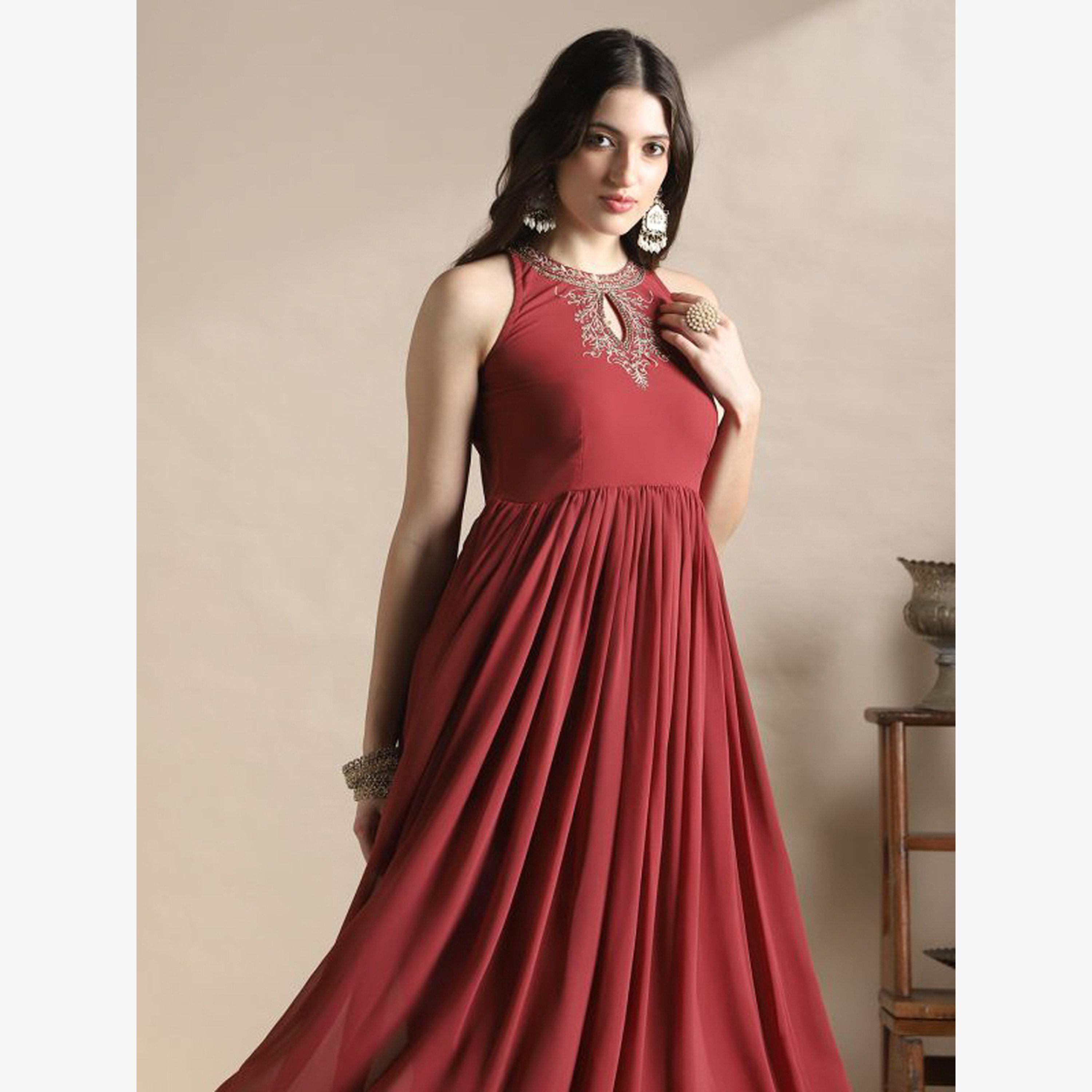 Globus X Styli Halter Keyhole Neck Embroidered Detail Maxi Festive Dress-women-clothing-dresses-image-5