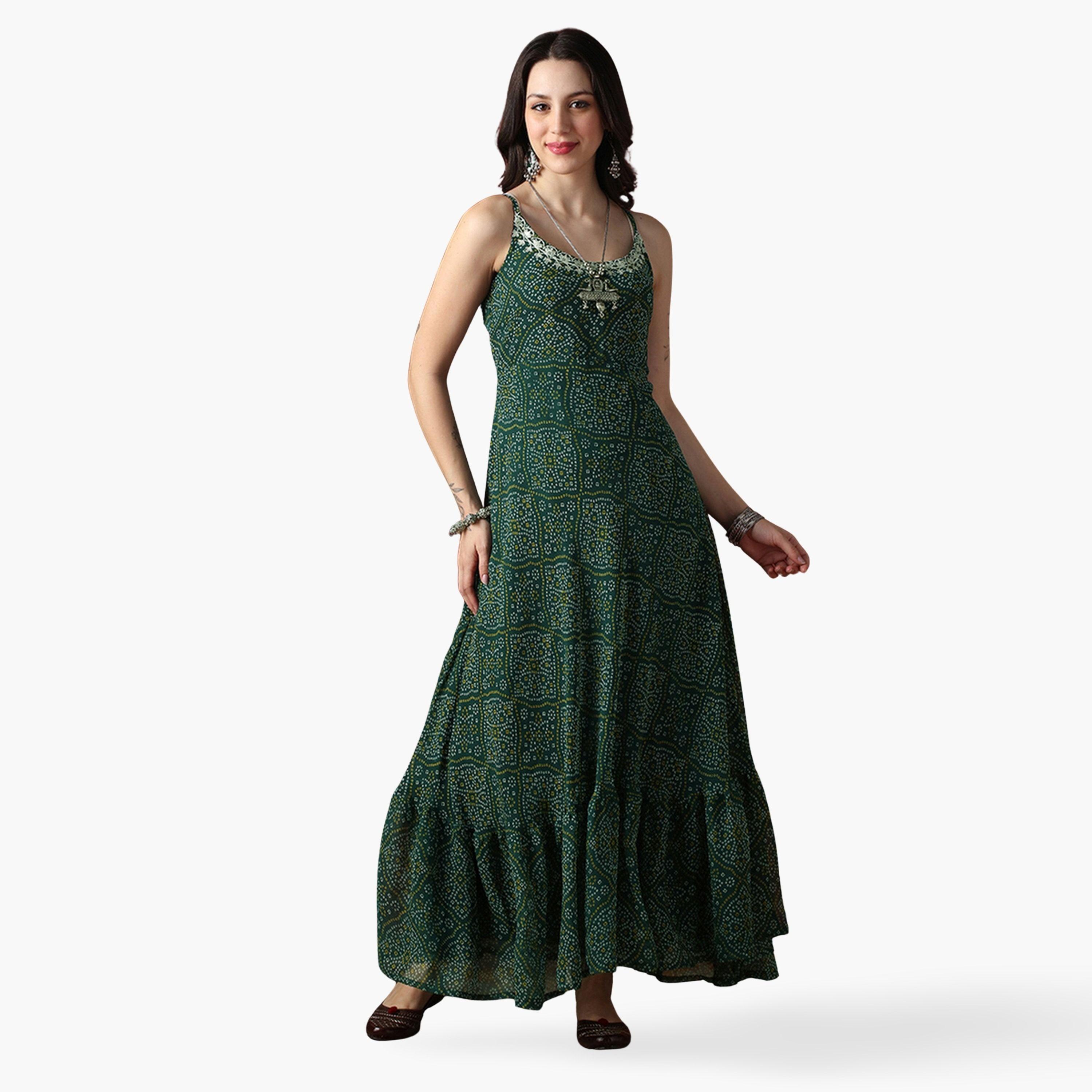 Globus X Styli Tie Back Detail Bandhani Georgette Festive Maxi Dress-women-clothing-dresses-image-1