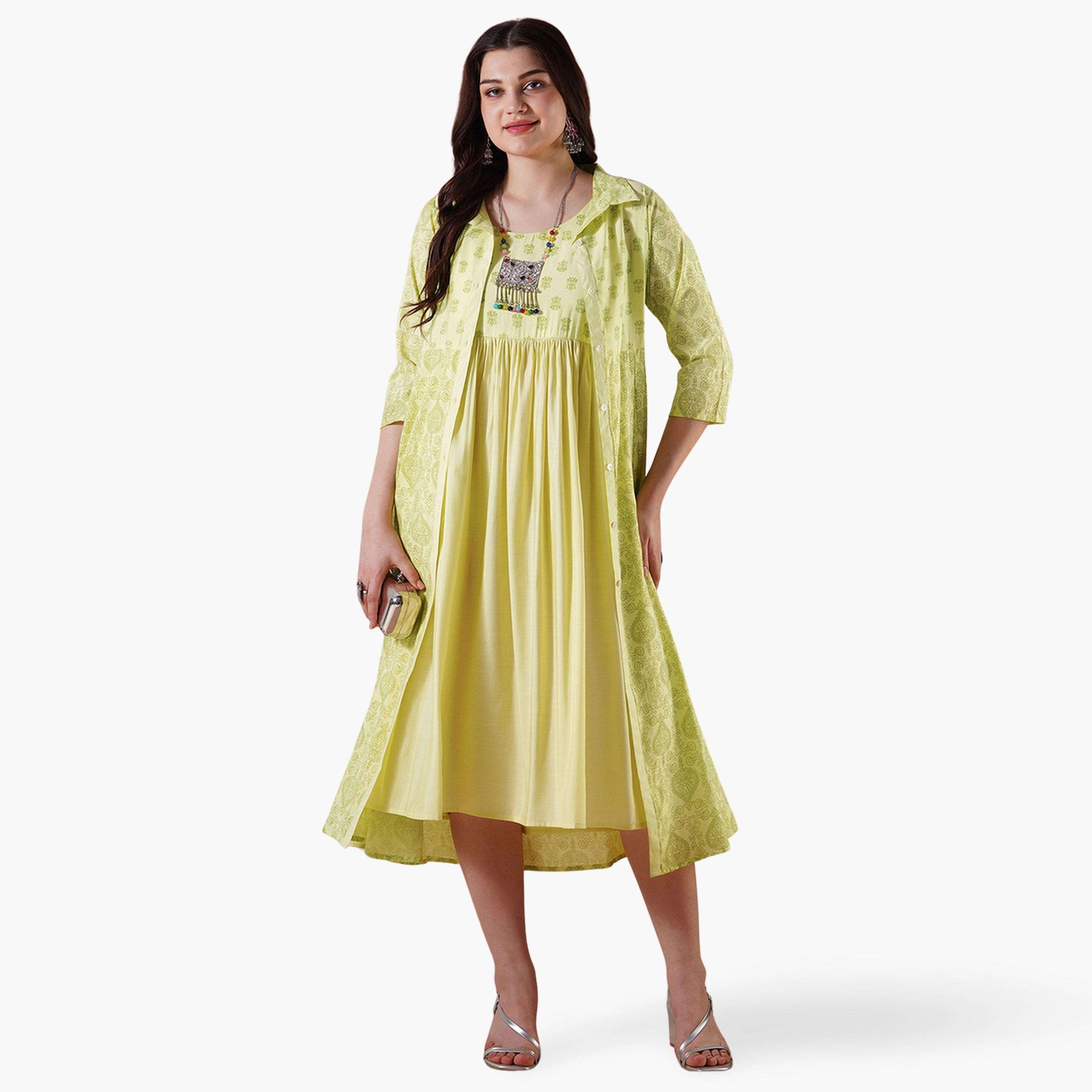 طقم فستان ميدي بحمالات وتونيك بطبعة قميص-women-clothing-dresses-image-1