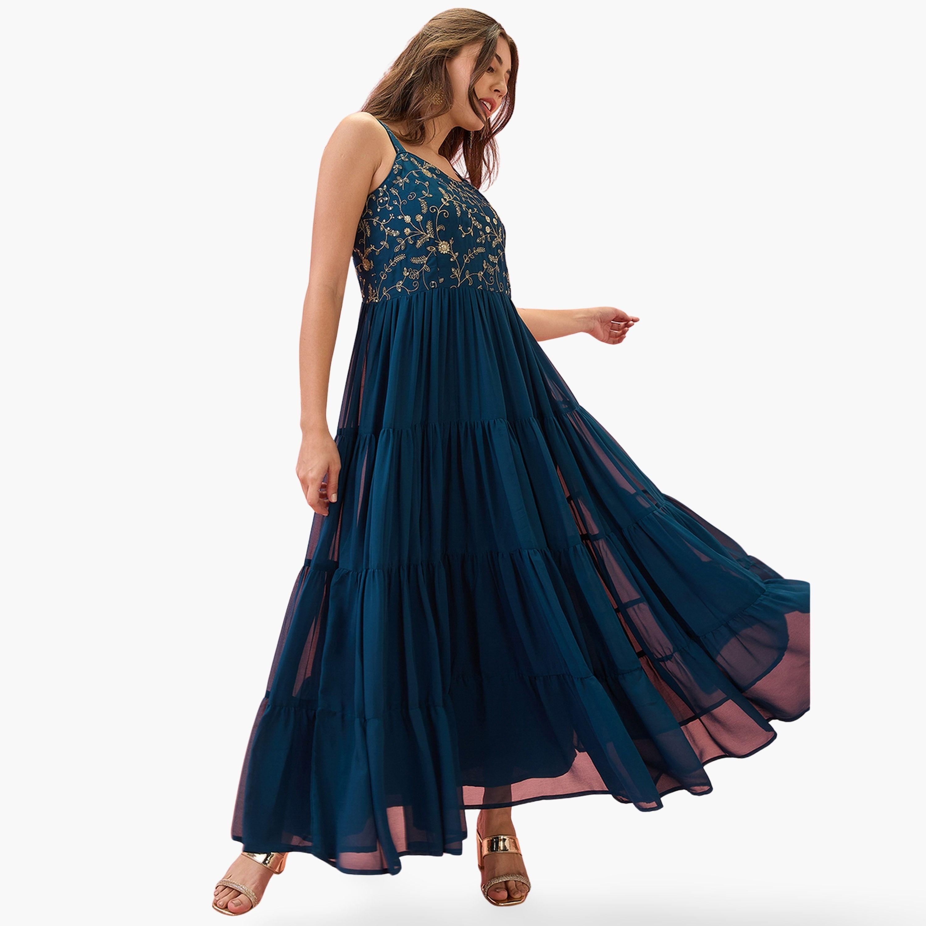 Globus X Styli Sequined Floral Embroidered Georgette Maxi Dress-women-clothing-dresses-image-1