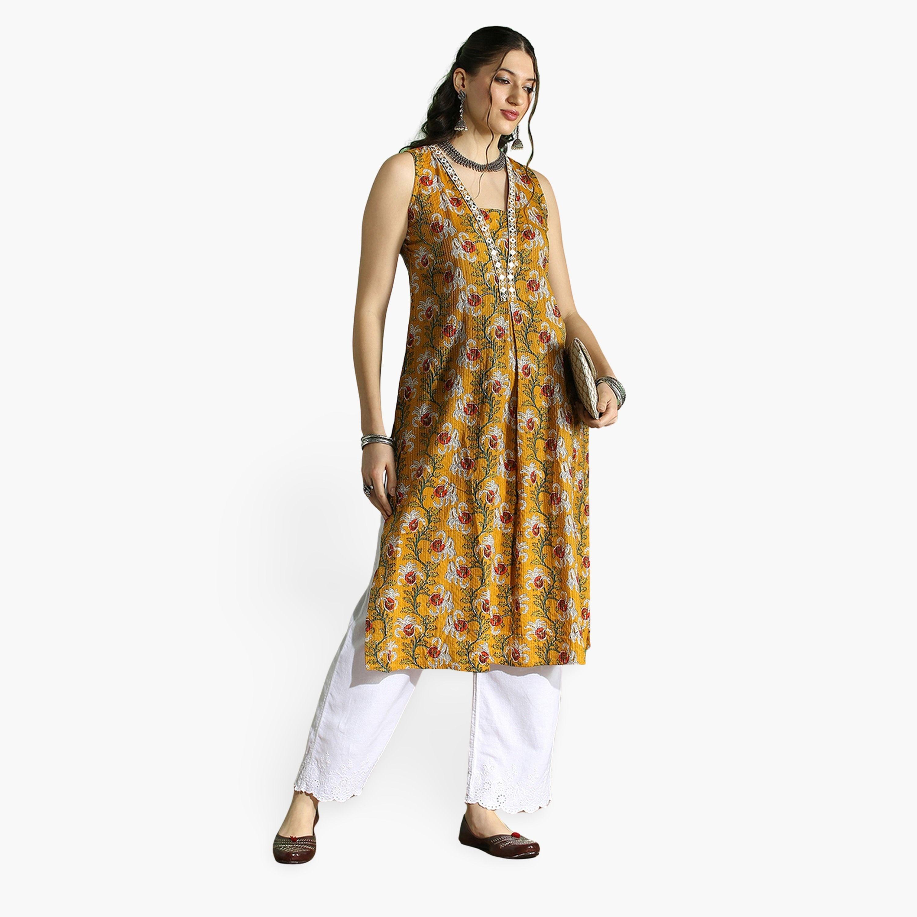 Globus X Styli Floral Print Woven Design Pleated Straight Kurta-women-clothing-ethnicwear-kurtas-image-1