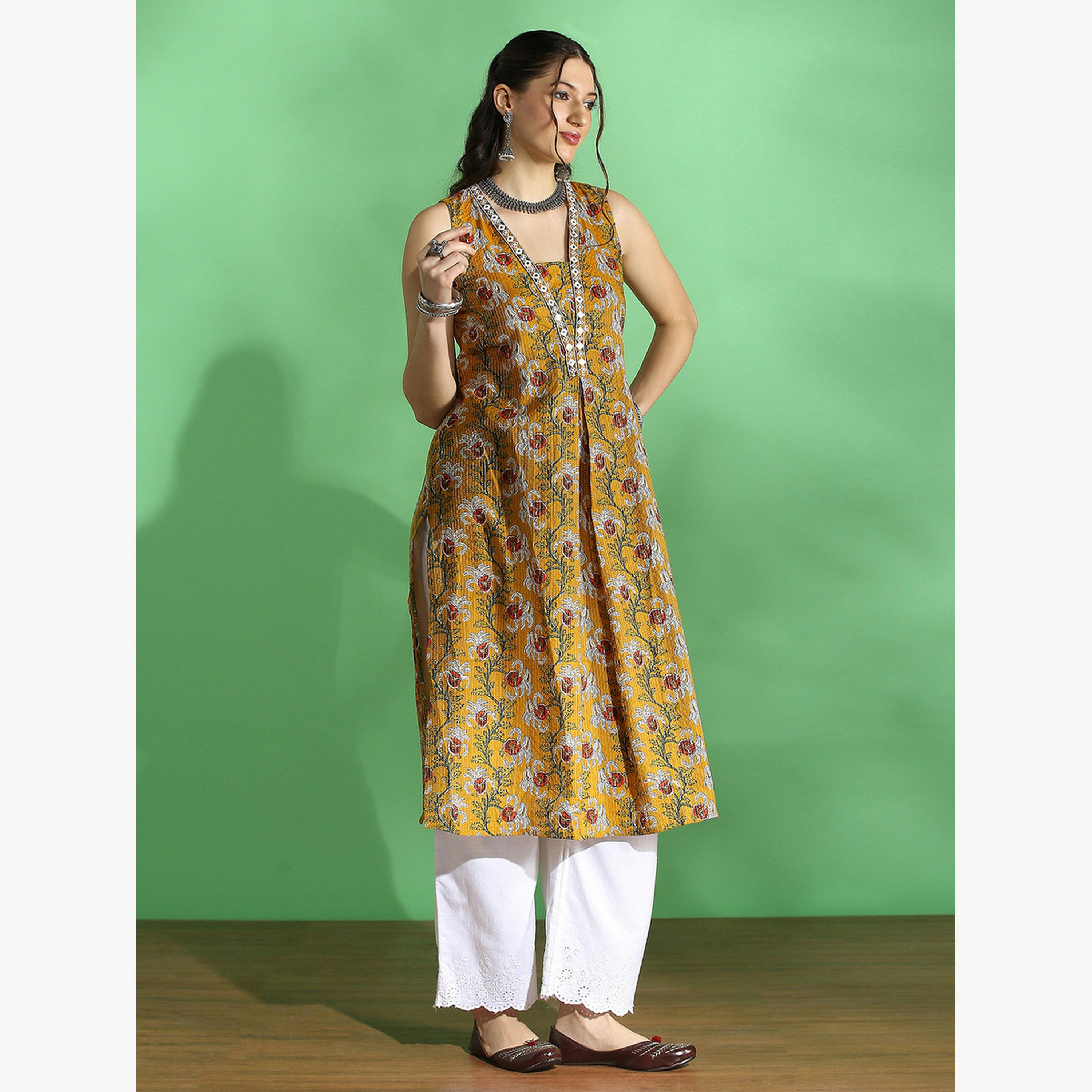 كورتا مستقيمة بطبعة زهور ونسيج محبوك بكسرات-women-clothing-ethnicwear-kurtas-image-2