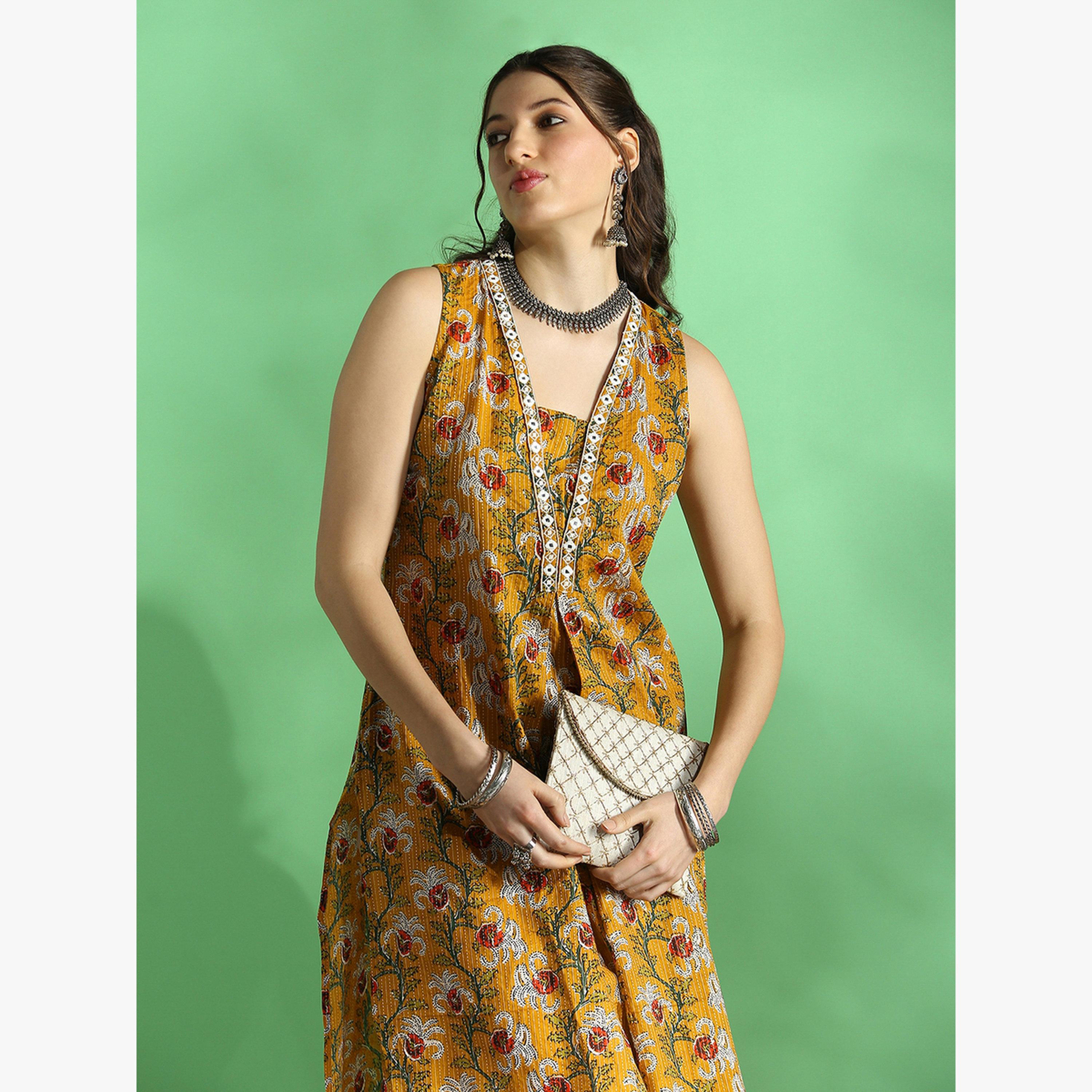 كورتا مستقيمة بطبعة زهور ونسيج محبوك بكسرات-women-clothing-ethnicwear-kurtas-image-5