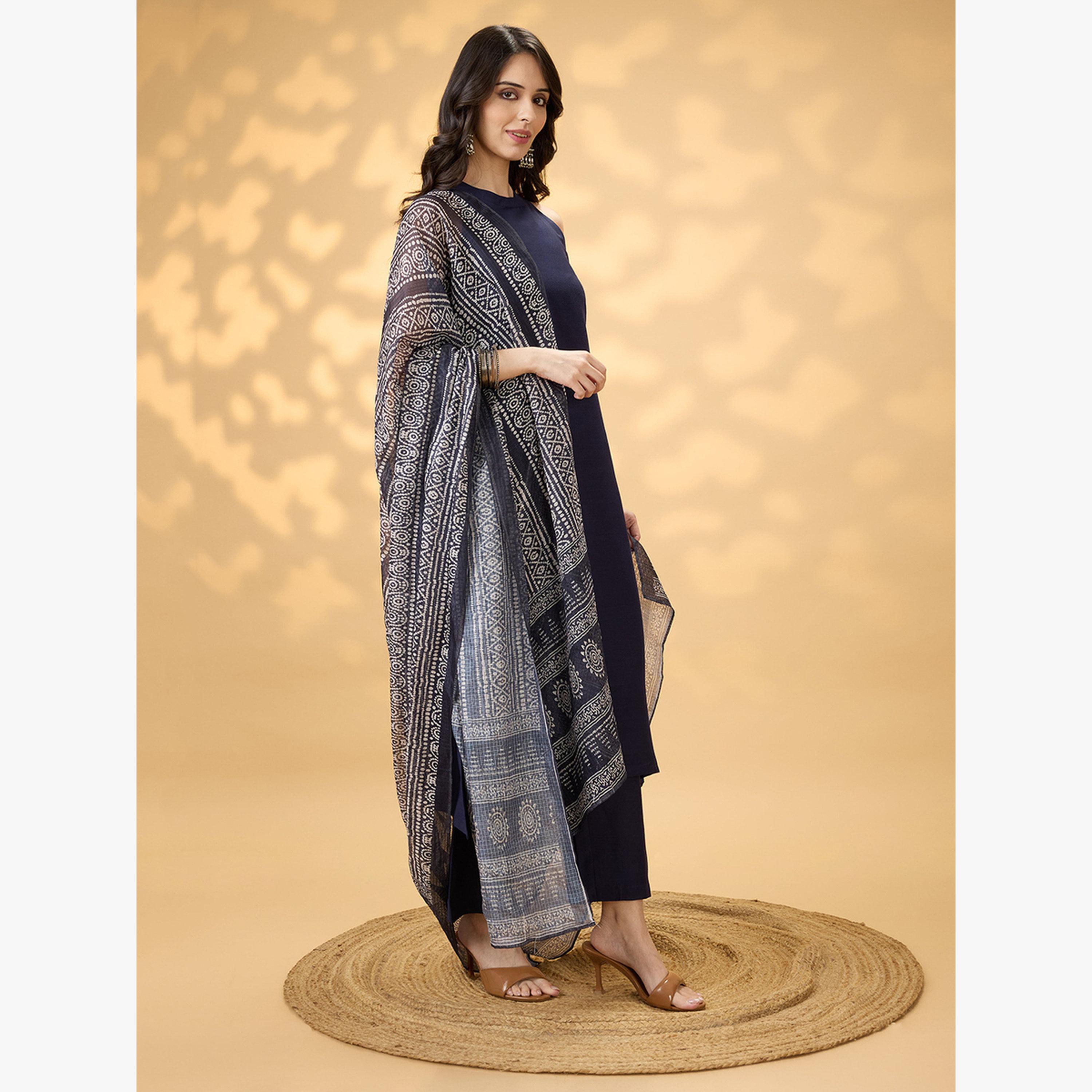 Globus X Styli Halter Neck Side Slit A-Line Kurta, Pants and Ethnic Print Dupatta Set-women-clothing-ethnicwear-kurtasets-image-2