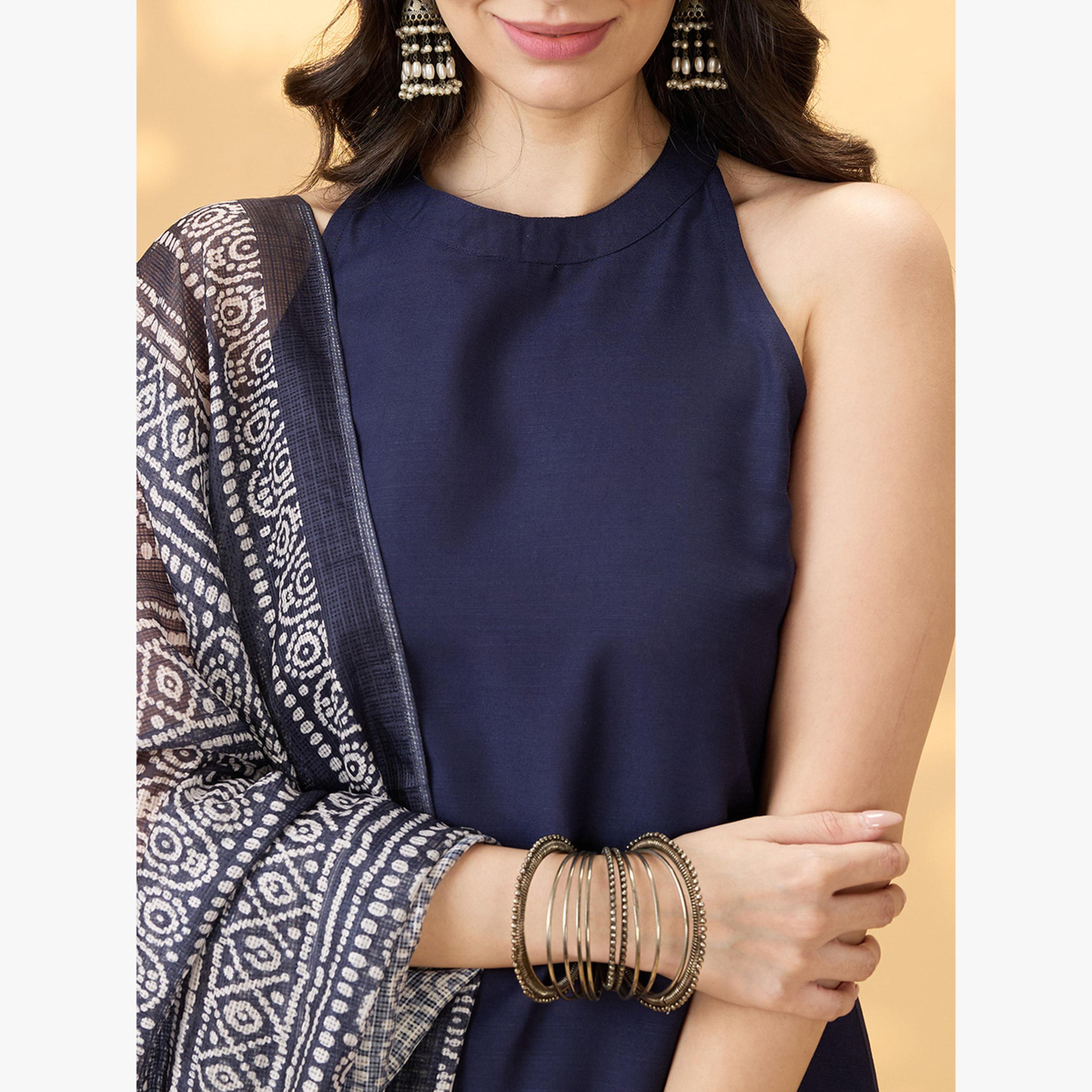 Globus X Styli Halter Neck Side Slit A-Line Kurta, Pants and Ethnic Print Dupatta Set-women-clothing-ethnicwear-kurtasets-image-4